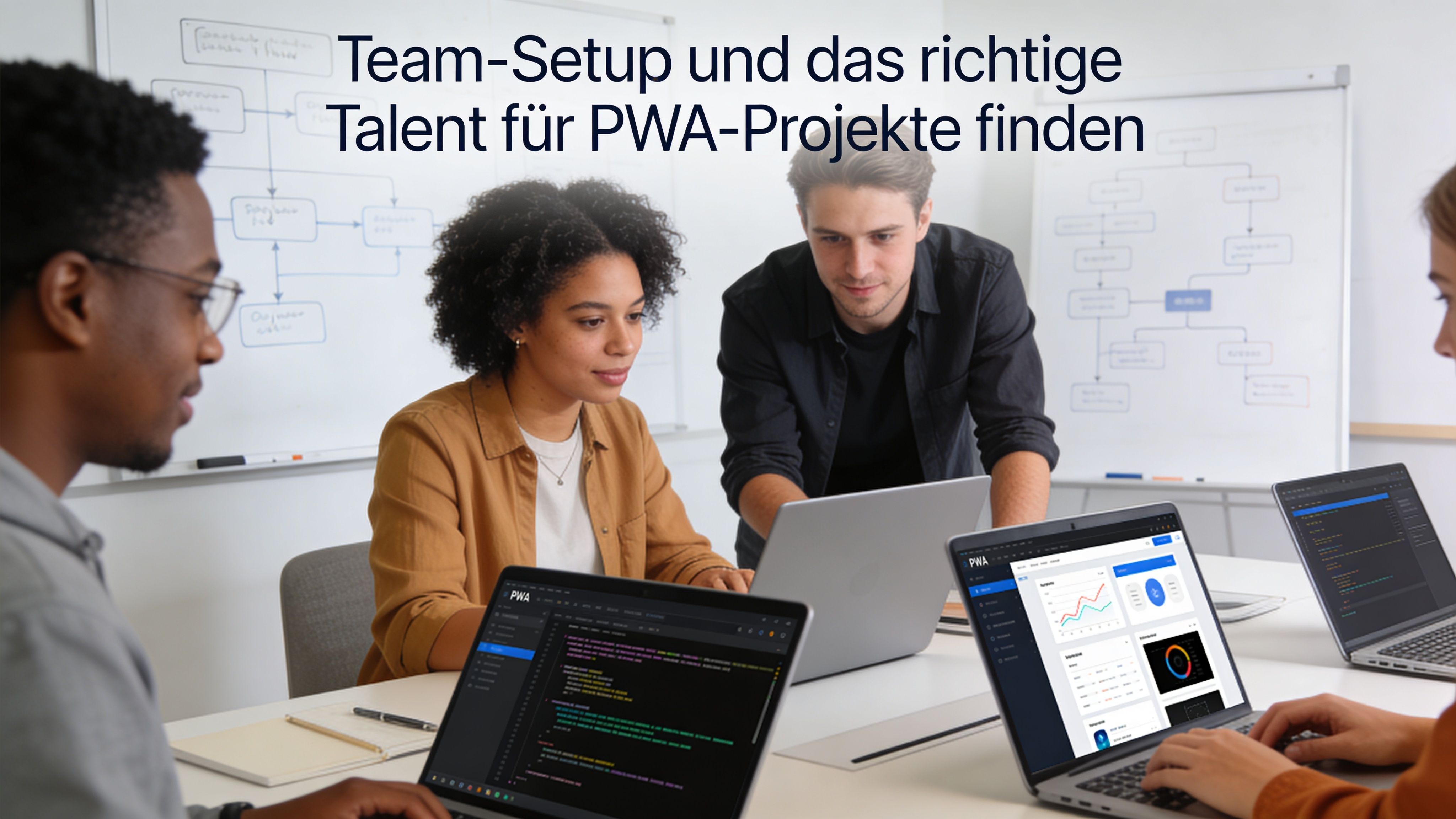 Ein diverses Team arbeitet gemeinsam in einem modernen Büro an der Entwicklung von Progressive Web Apps Projekten.