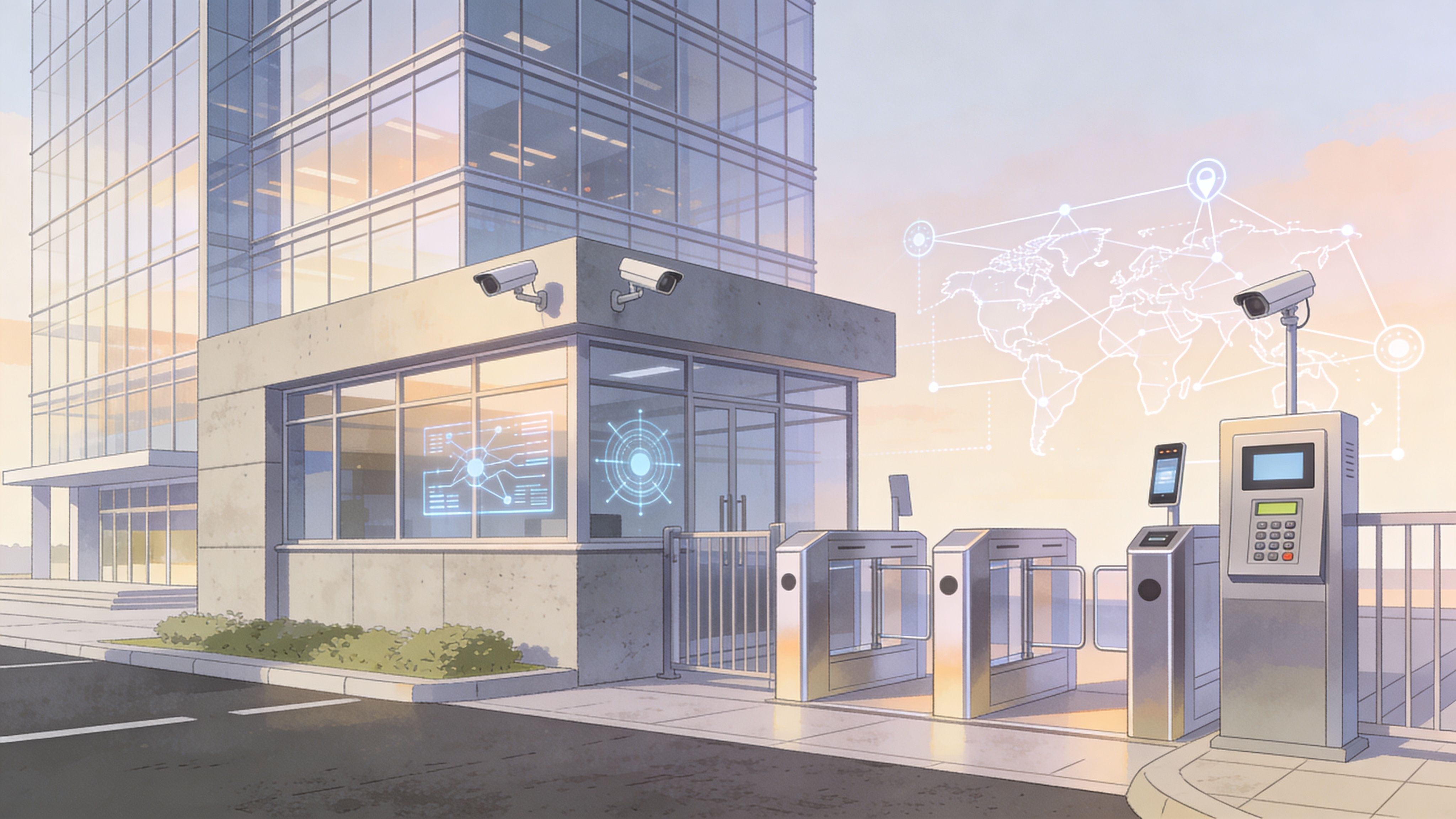 Ein modernes Sicherheitstor eines Bürogebäudes mit Überwachungskameras und digitalen Kontrollsystemen vor einem globalen Netzwerk-Hintergrund.
