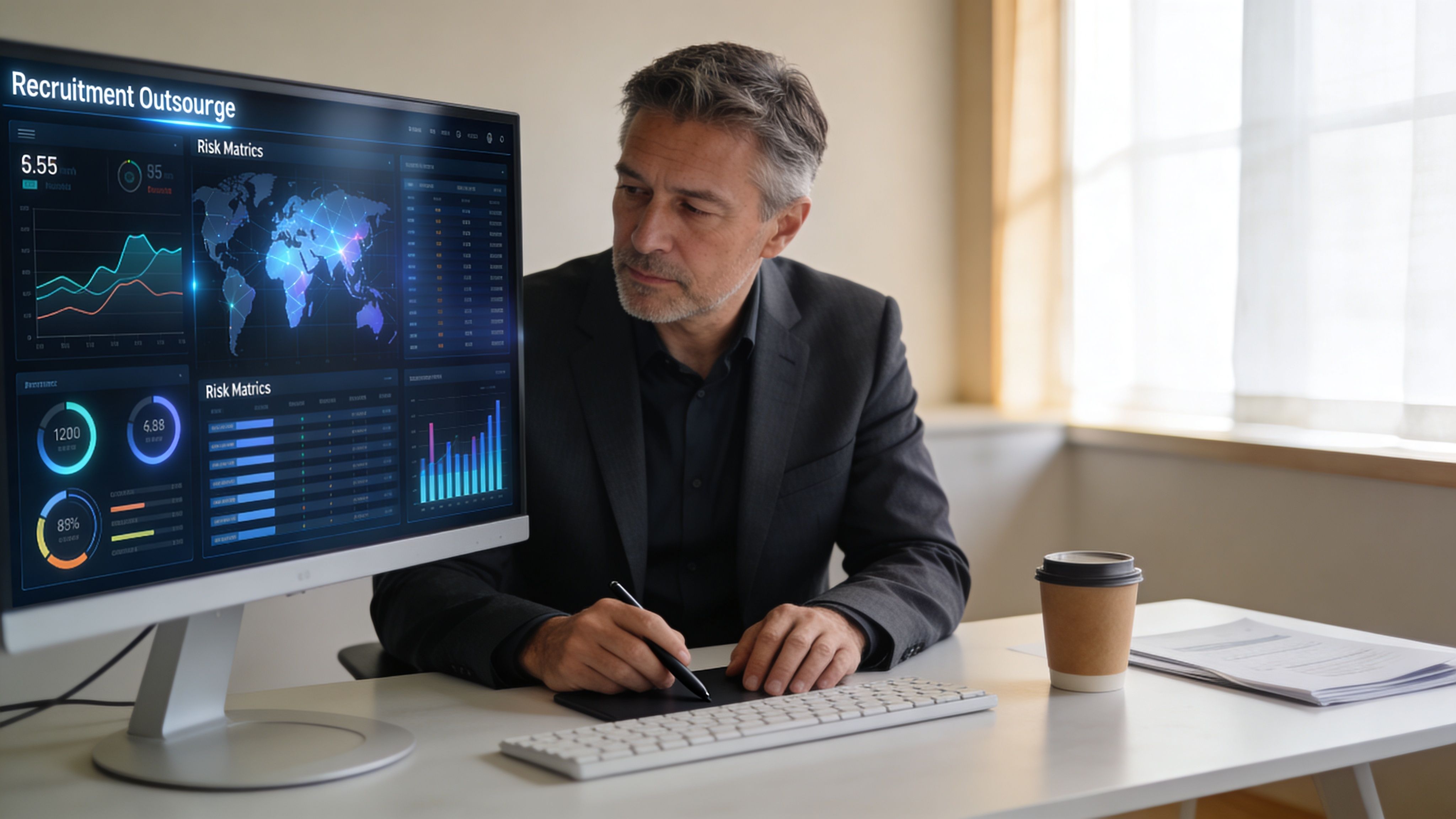 Ein Geschäftsmann im Anzug analysiert digitale Daten über Rekrutierungs-Outsourcing auf einem modernen Computerbildschirm im Büro.