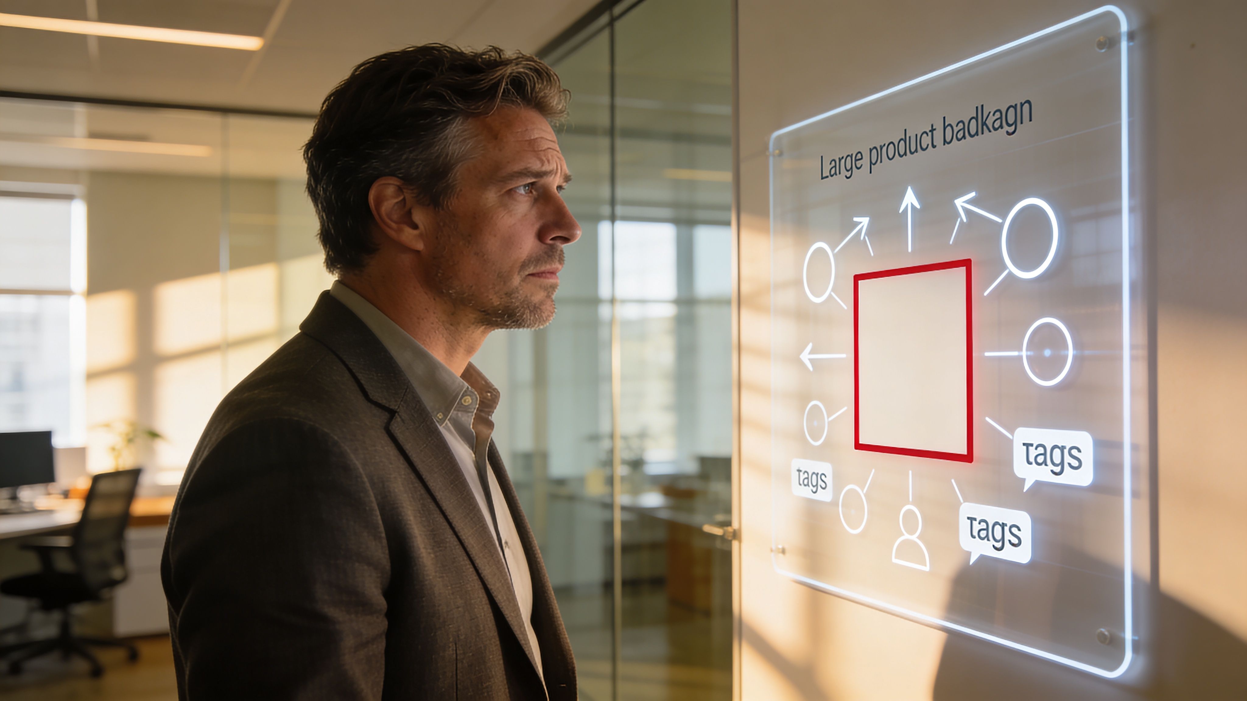 Ein Geschäftsmann betrachtet nachdenklich eine leuchtende, digitale Tafel mit strategischen Organisationsgrafiken in einem modernen Büro.