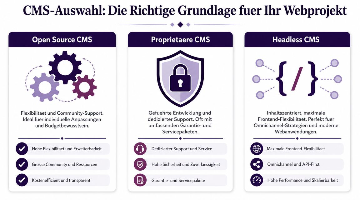 Eine Infografik zum Vergleich von Open Source, proprietären und Headless CMS Systemen für Webprojekte.