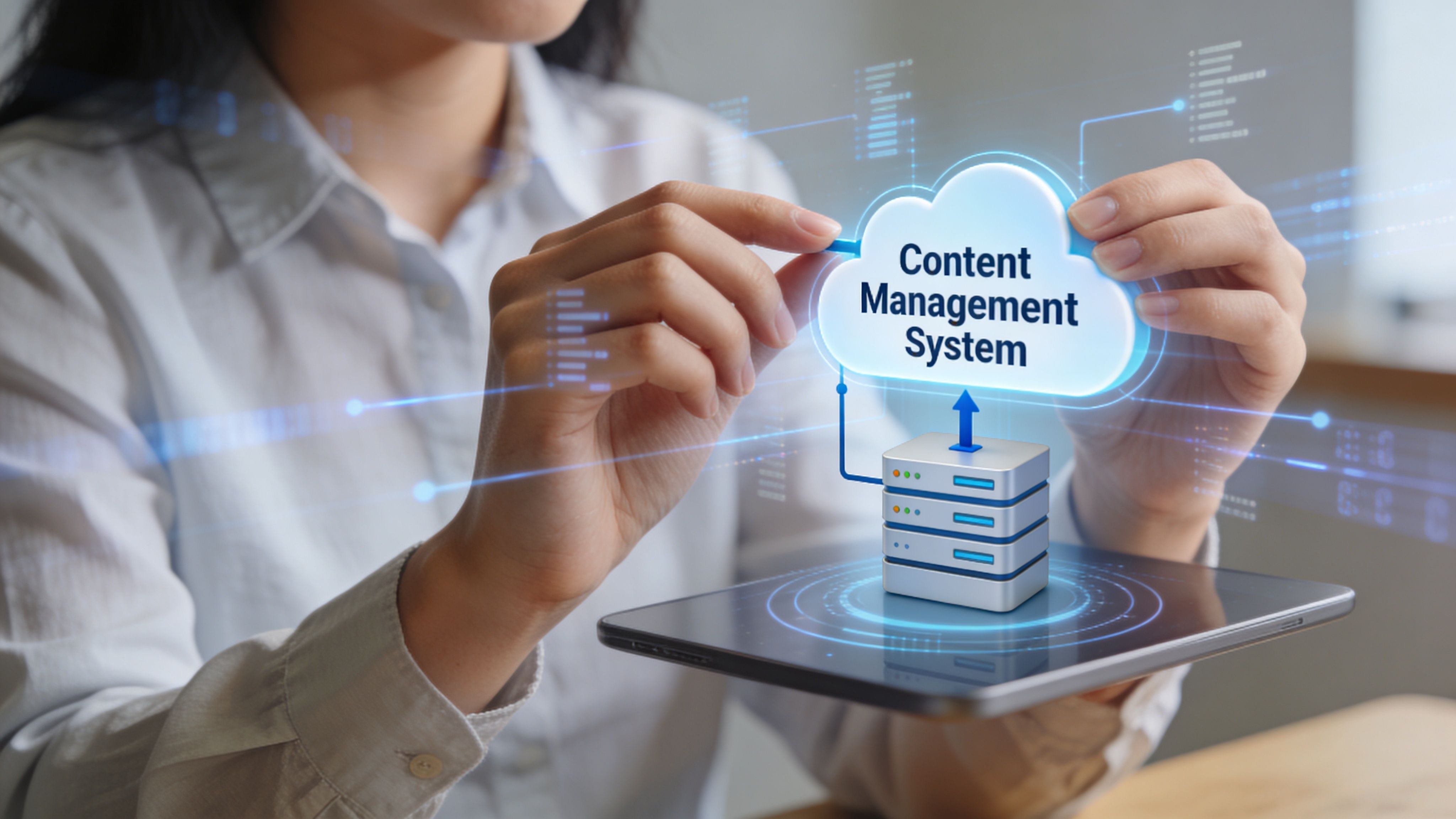 Eine Person interagiert mit einer digitalen Cloud-Grafik, die ein Content-Management-System über einem Tablet symbolisiert.