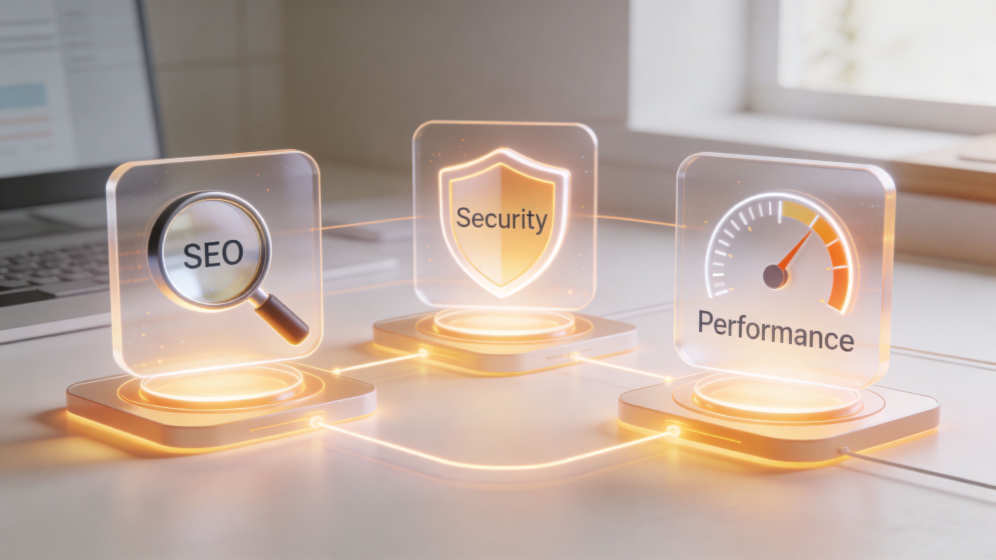 Ein 3D-Bild zeigt gläserne Symbole für SEO, Sicherheit und Webseiten-Performance auf einem modernen Schreibtisch mit Laptop.