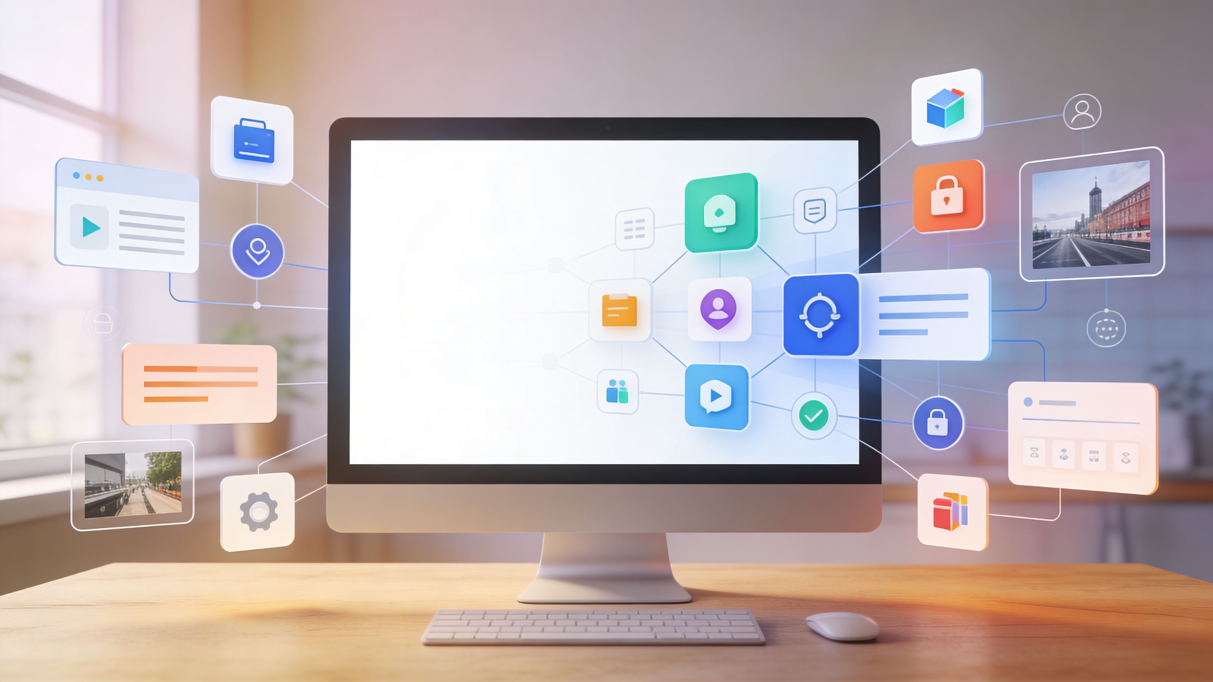 Ein moderner Computerbildschirm zeigt ein Netzwerk aus verbundenen App-Symbolen und grafischen Benutzeroberflächenelementen, die digitales Content-Management darstellen.