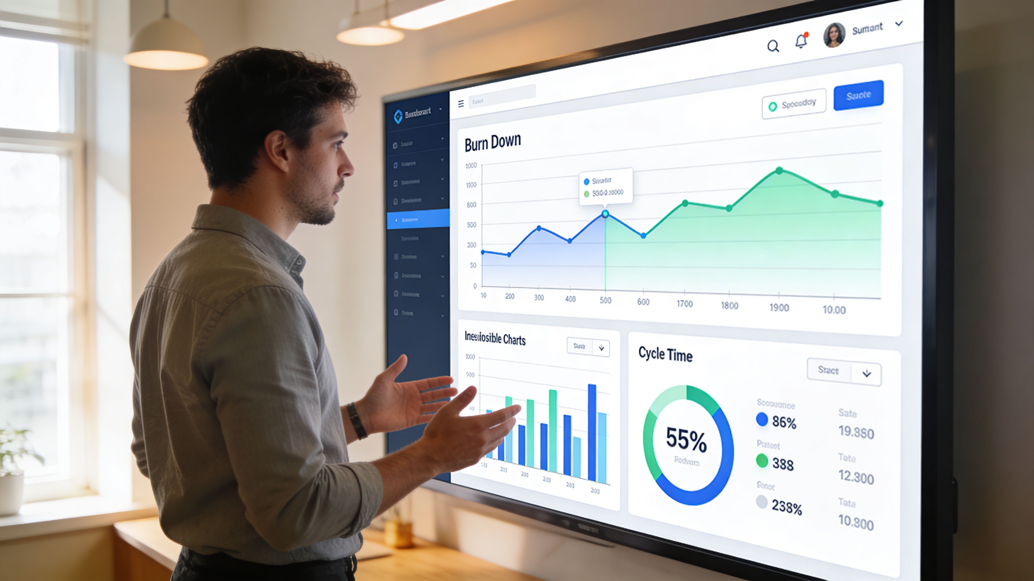 Ein Mann präsentiert agile Software-Entwicklungsdaten auf einem großen interaktiven Bildschirm in einem modernen Büro.