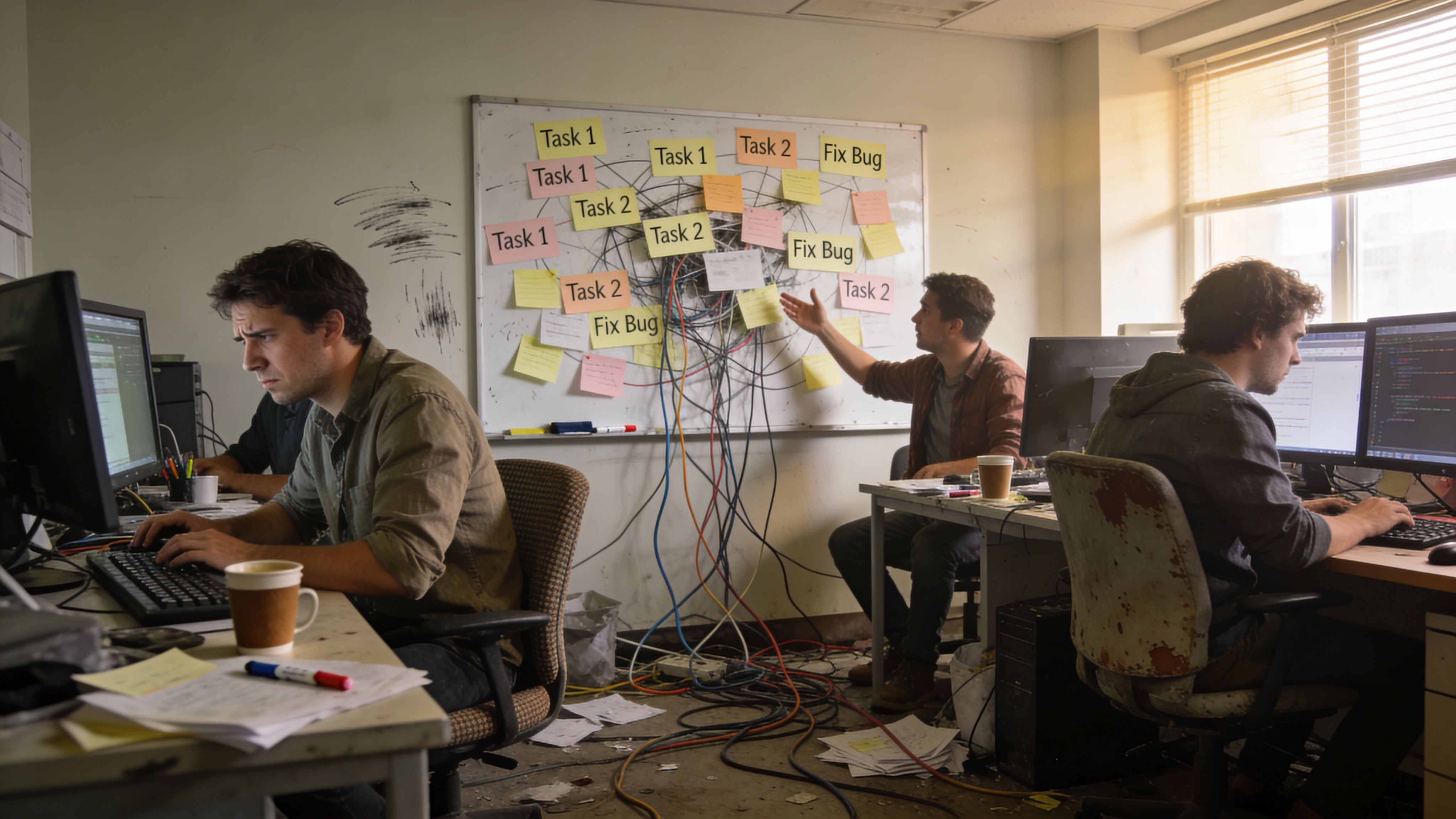 Drei Softwareentwickler arbeiten in einem unordentlichen Büro an agilen Projekten mit komplexen Notizen und Kabeln an der Wand.