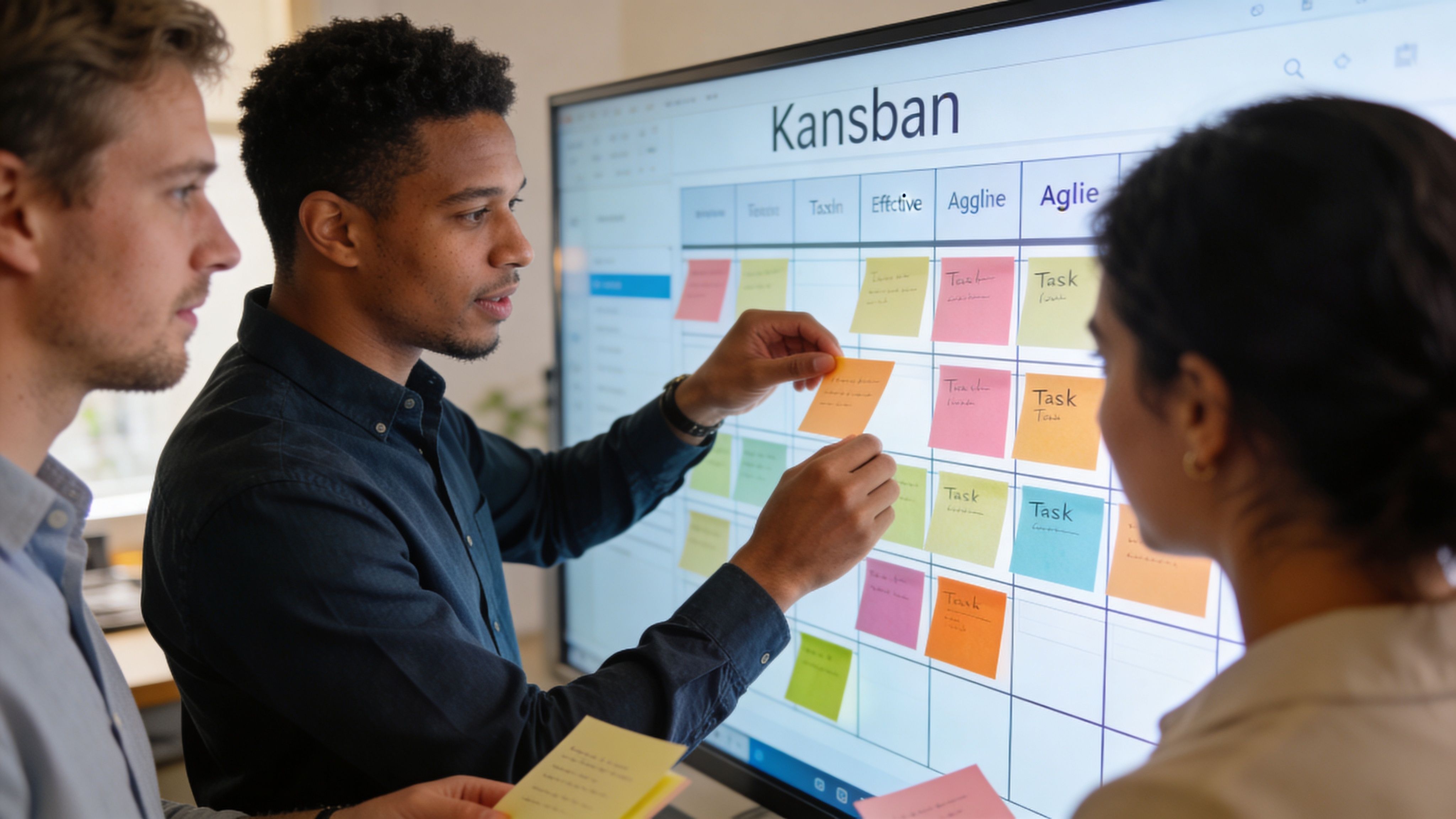 Ein diverses Team arbeitet gemeinsam an einem digitalen Kanban-Board für agile Softwareentwicklung im modernen Büro.
