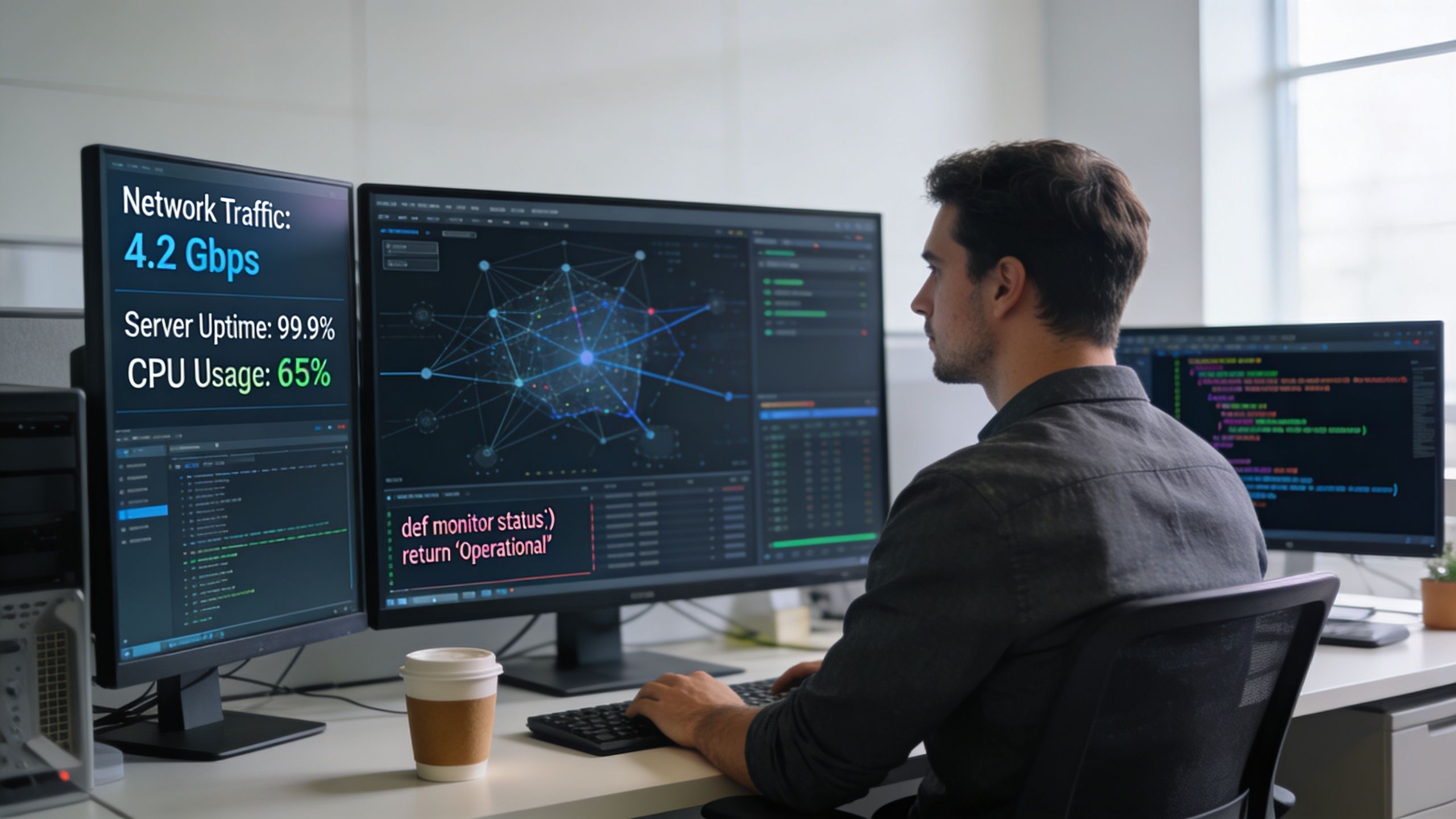 Ein Systemadministrator arbeitet an drei Monitoren mit Netzwerkdiagrammen und Programmcode in einem modernen Büro.