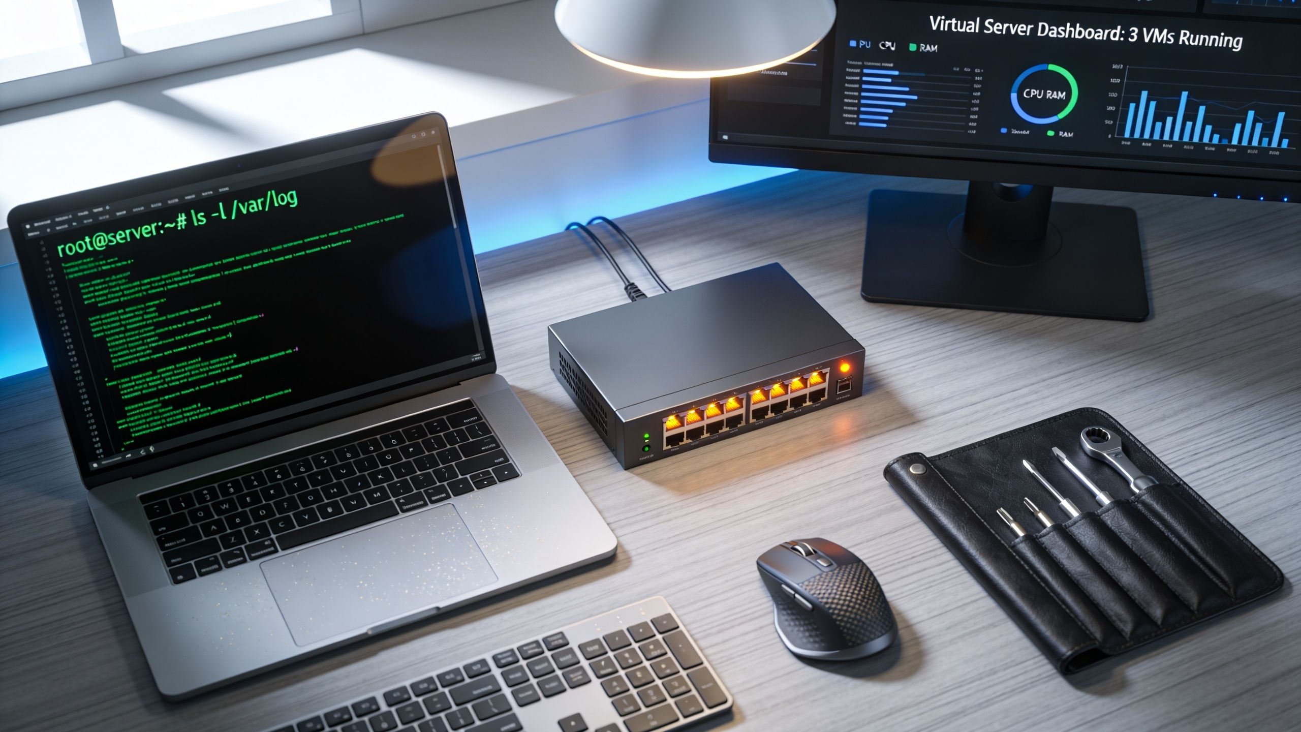 Ein moderner Arbeitsplatz eines Systemadministrators mit Laptop, Netzwerk-Switch, Monitor und professionellem Werkzeugset auf einem Schreibtisch.