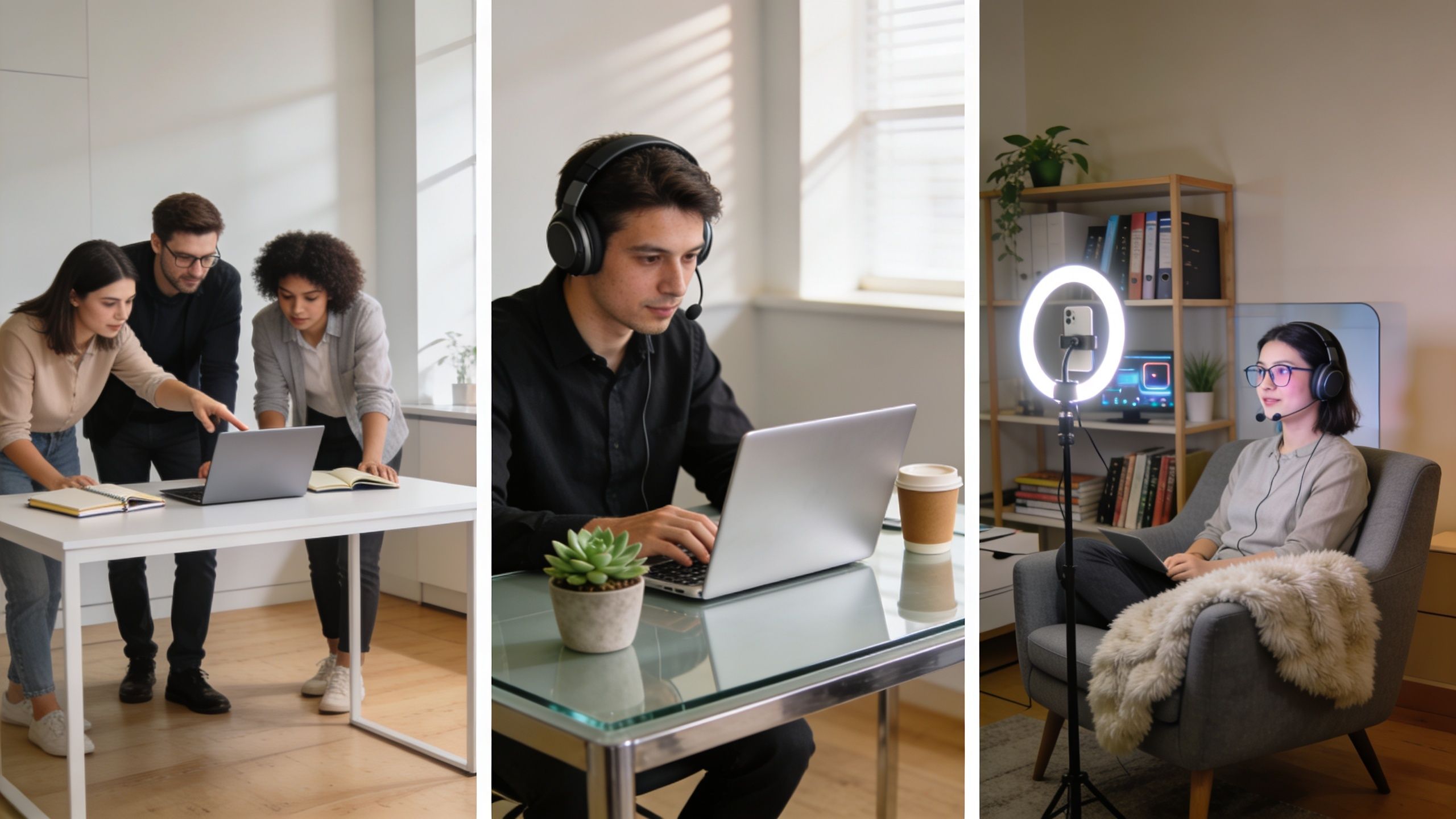 Verschiedene Personen arbeiten in modernen Büroumgebungen an Laptops für Webentwicklung und Online-Kommunikation.