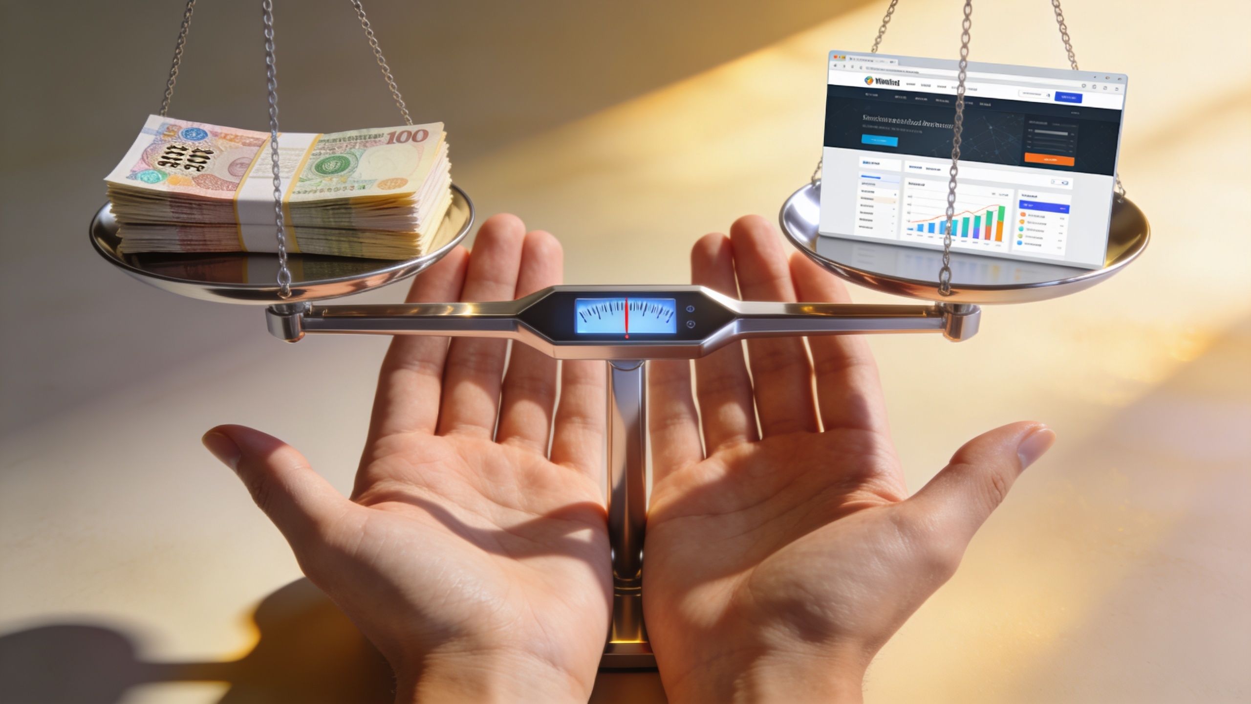 Eine Waage balanciert einen Stapel Bargeld gegen eine Webseite auf einem Bildschirm als Symbol für Webseitenkosten.