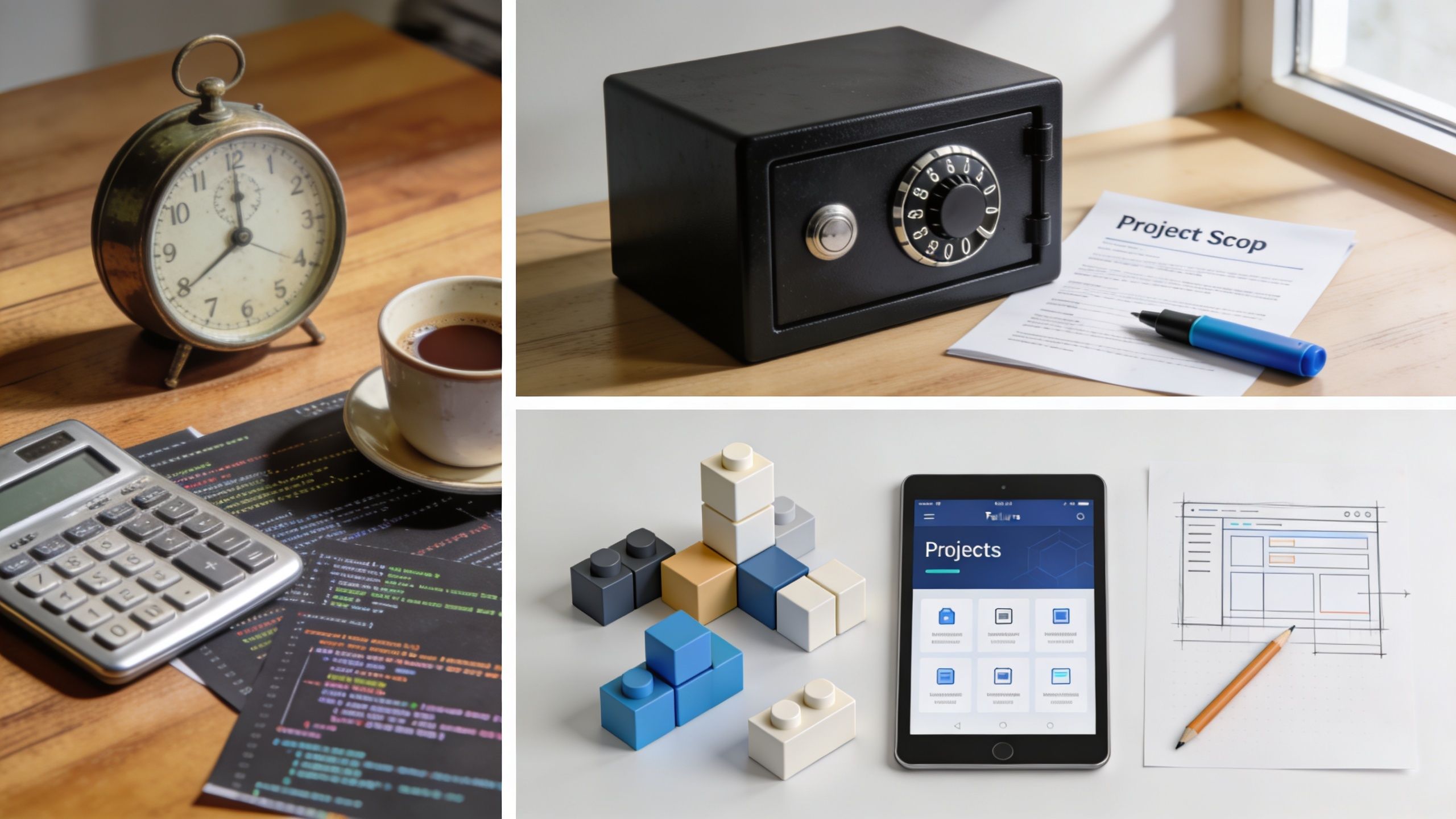 Ein Arbeitsplatz mit einer Uhr, einem Taschenrechner, Code-Blättern, einem Tresor und digitalen Projektplanungs-Tools auf dem Tisch.