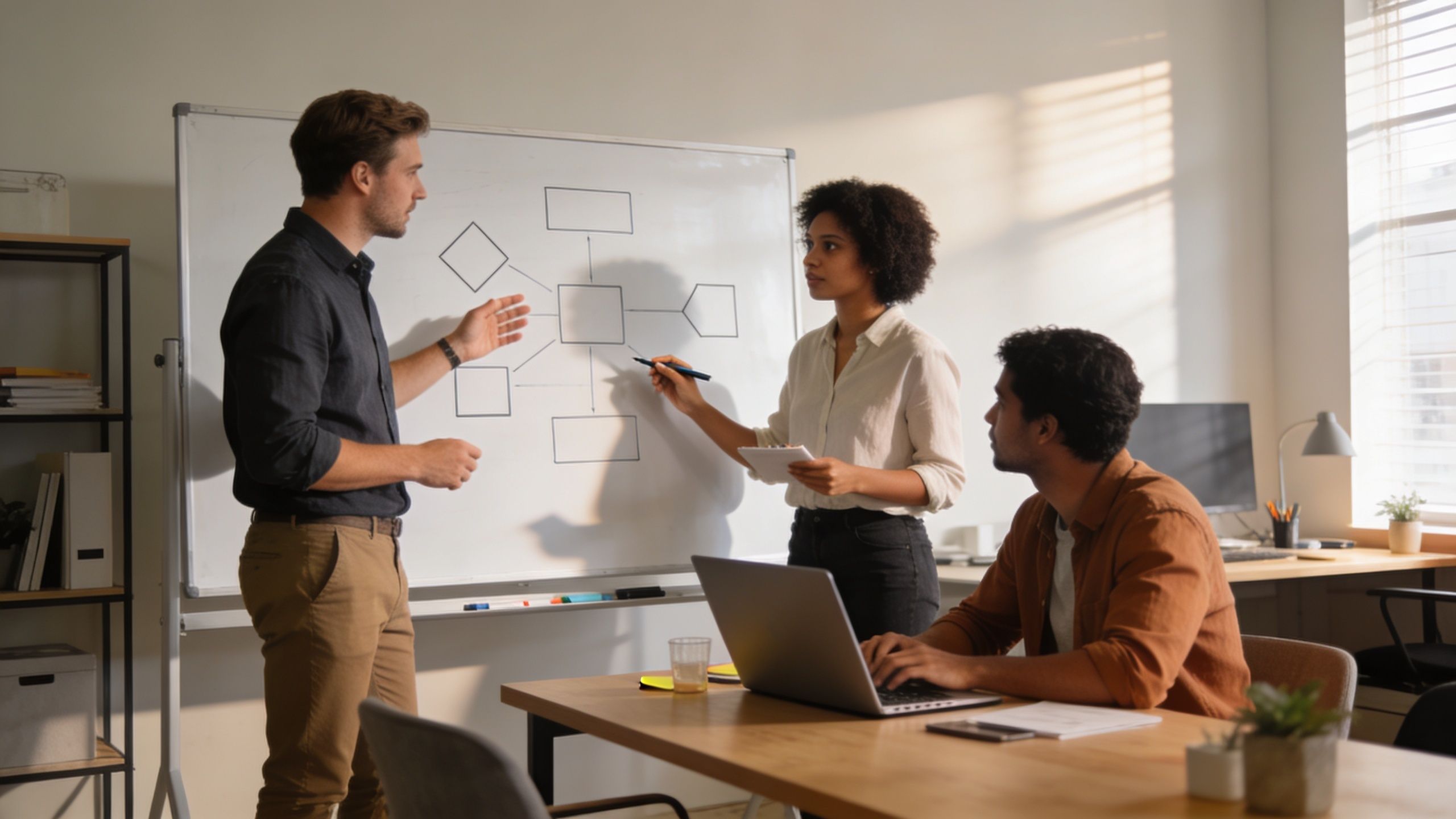 Ein Team in einem Büro arbeitet zusammen an einem Prozessablauf, der auf einem Whiteboard skizziert ist.