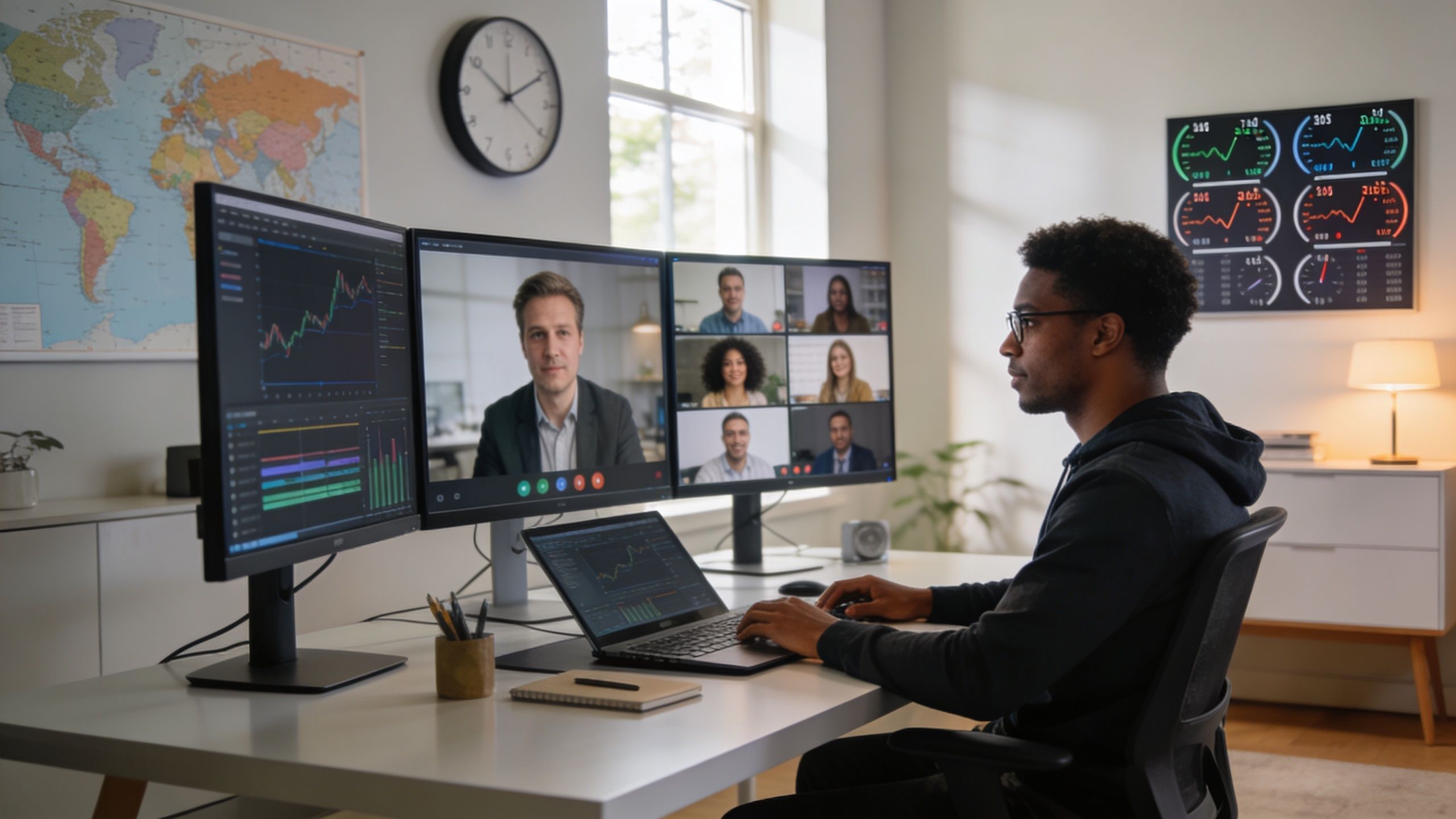 Ein Mann arbeitet an einer agilen Softwareentwicklung an seinem Schreibtisch mit mehreren Bildschirmen und Videokonferenzen.