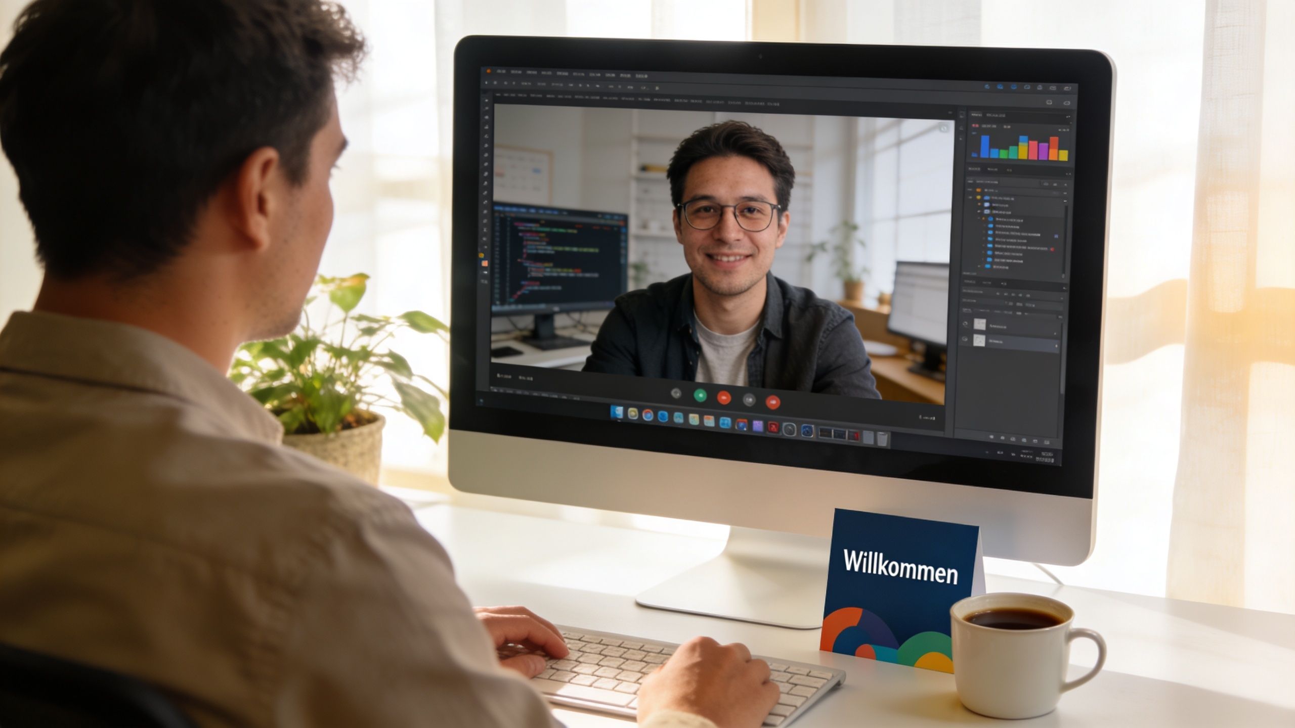 Ein Mann arbeitet an einem Computerbildschirm, auf dem ein Videoanruf mit einem Kollegen zu sehen ist.
