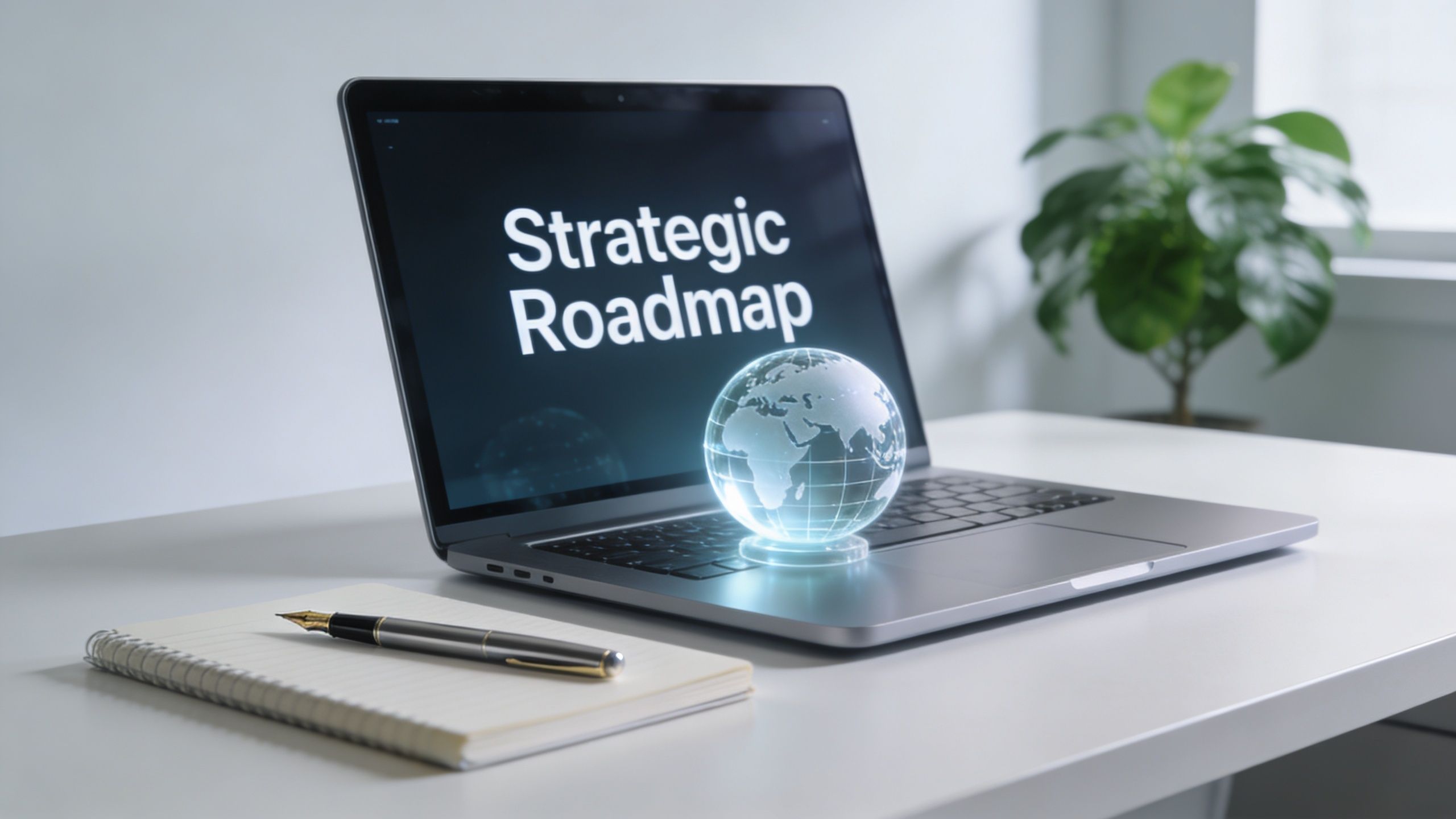 Ein Laptop mit der Aufschrift Strategic Roadmap und einem leuchtenden Globus auf einem Schreibtisch mit Notizbuch.
