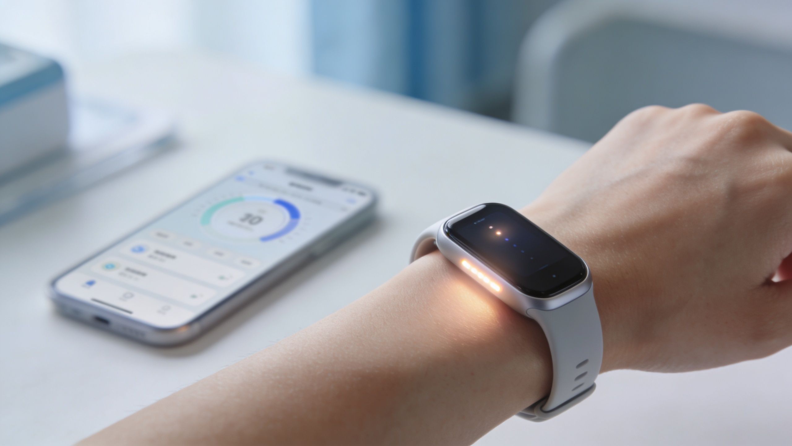 Eine Person trägt ein weißes Smart-Armband am Handgelenk neben einem Smartphone mit einer Fitness-App auf dem Tisch.