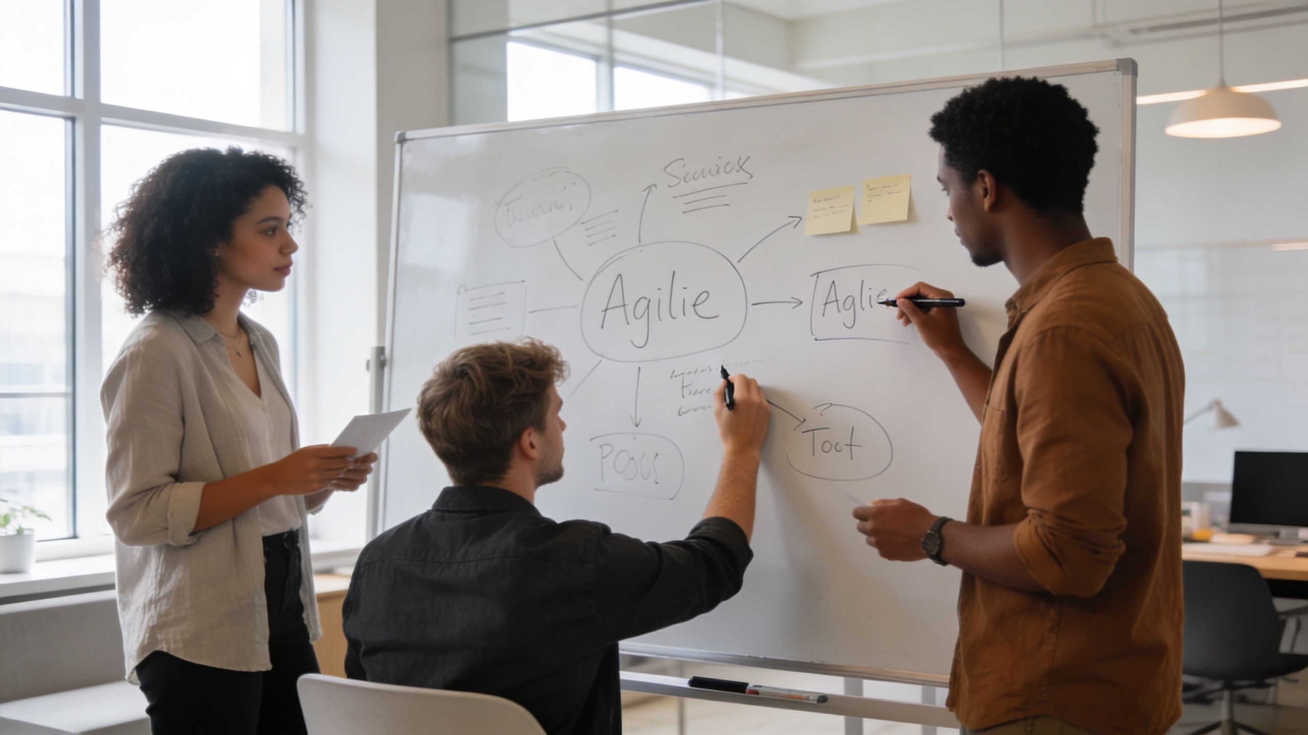 Ein Team von drei Kollegen arbeitet gemeinsam an einer Whiteboard-Präsentation über agile Methoden in einem modernen Büro.