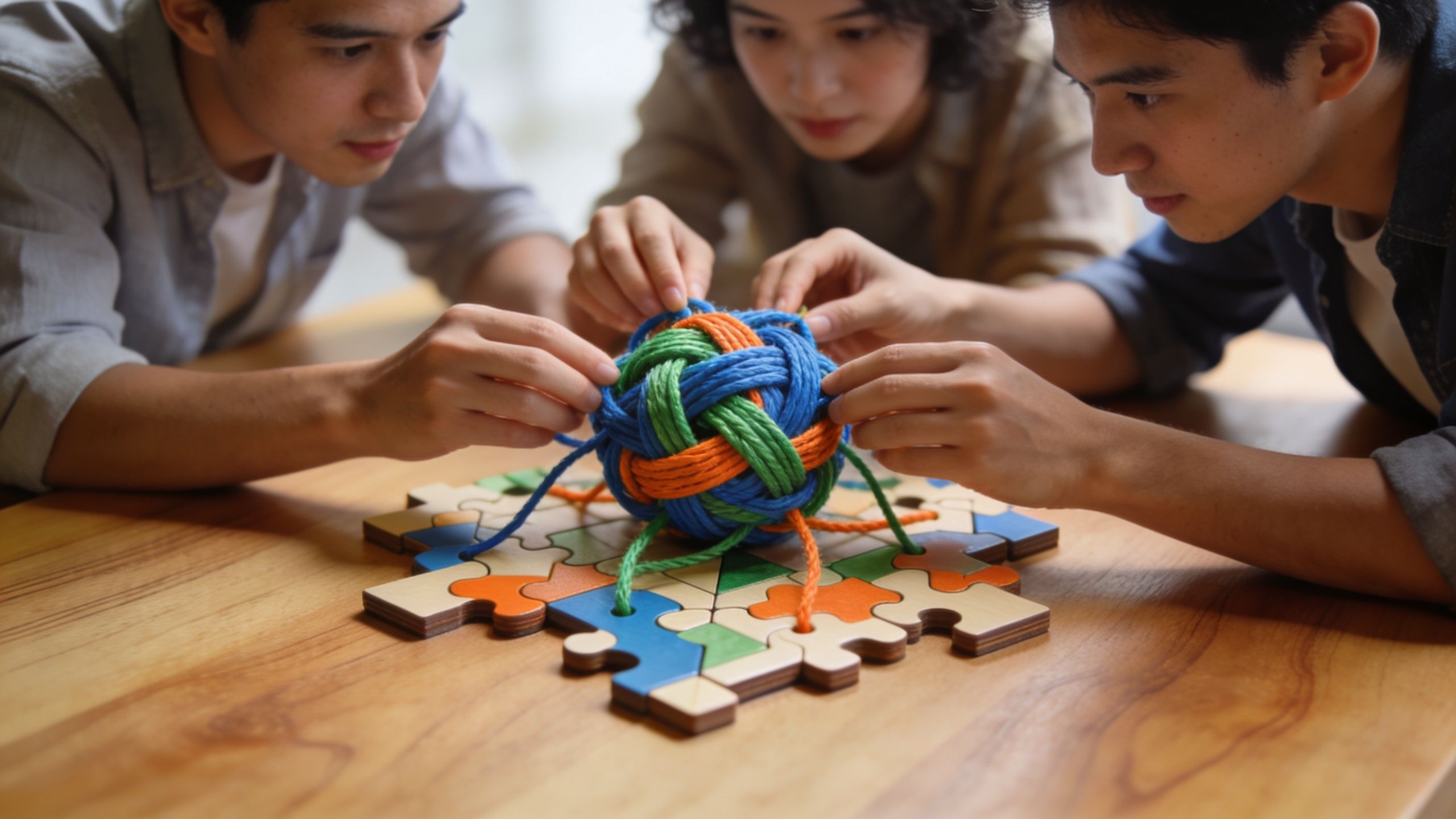 Drei junge Menschen arbeiten gemeinsam an einem komplexen Seil- und Puzzlespiel auf einem Holztisch.