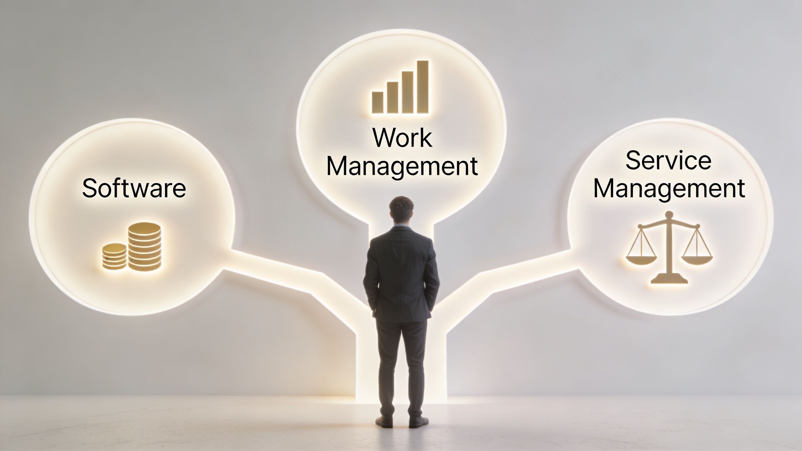 Ein Geschäftsmann steht vor einer Wand mit grafischen Symbolen für Software, Arbeitsmanagement und Servicemanagement als Konzepte.