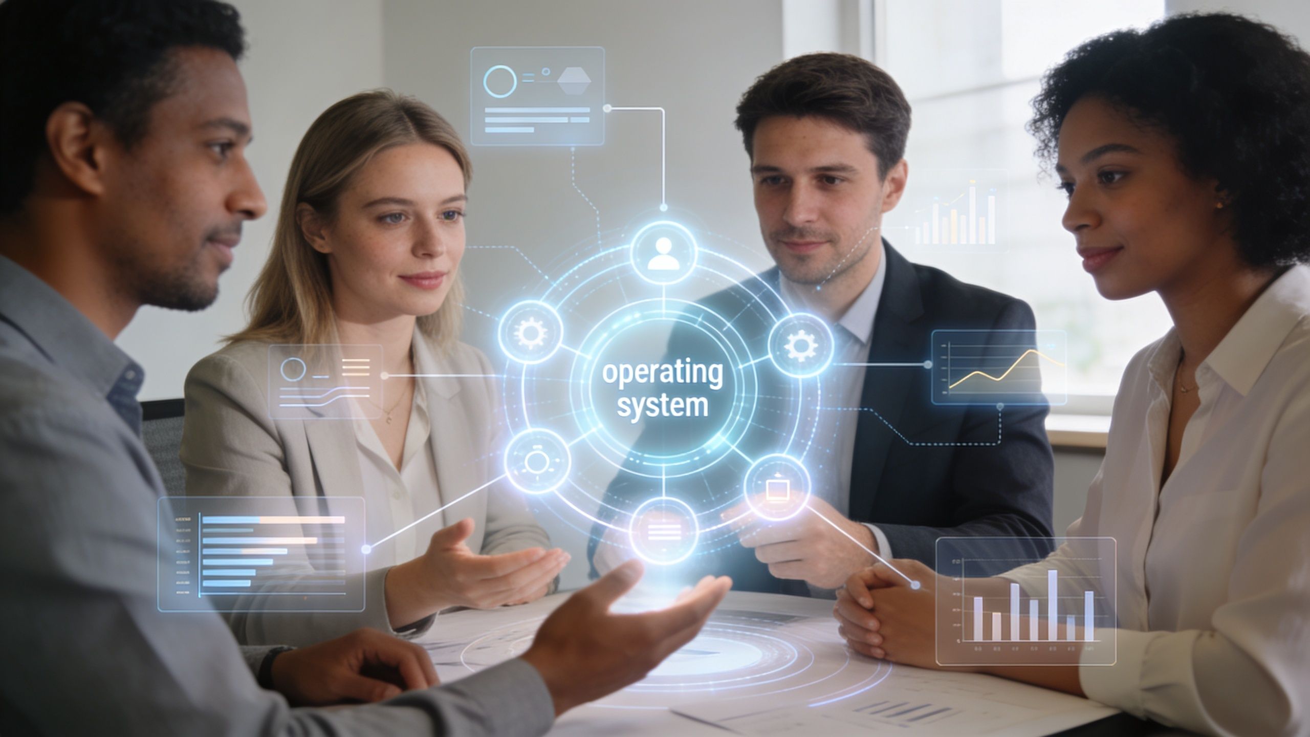 Ein professionelles Team diskutiert über Software-Entwicklung mit einer holografischen Visualisierung des Begriffs Betriebssystem in einem modernen Büro.