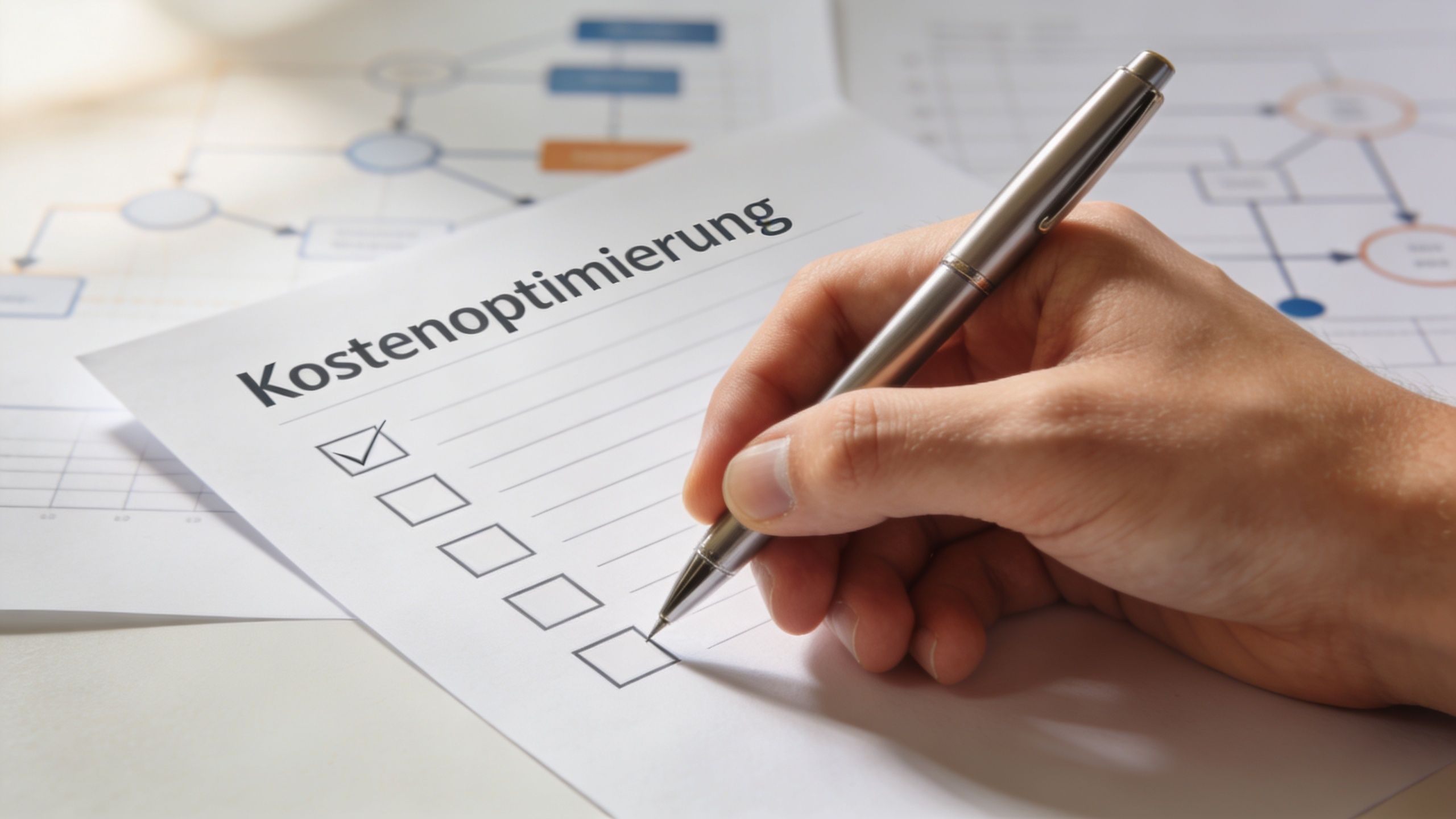 Eine Hand hält einen Stift und setzt ein Häkchen auf eine Checkliste zum Thema Kostenoptimierung bei Projekten.
