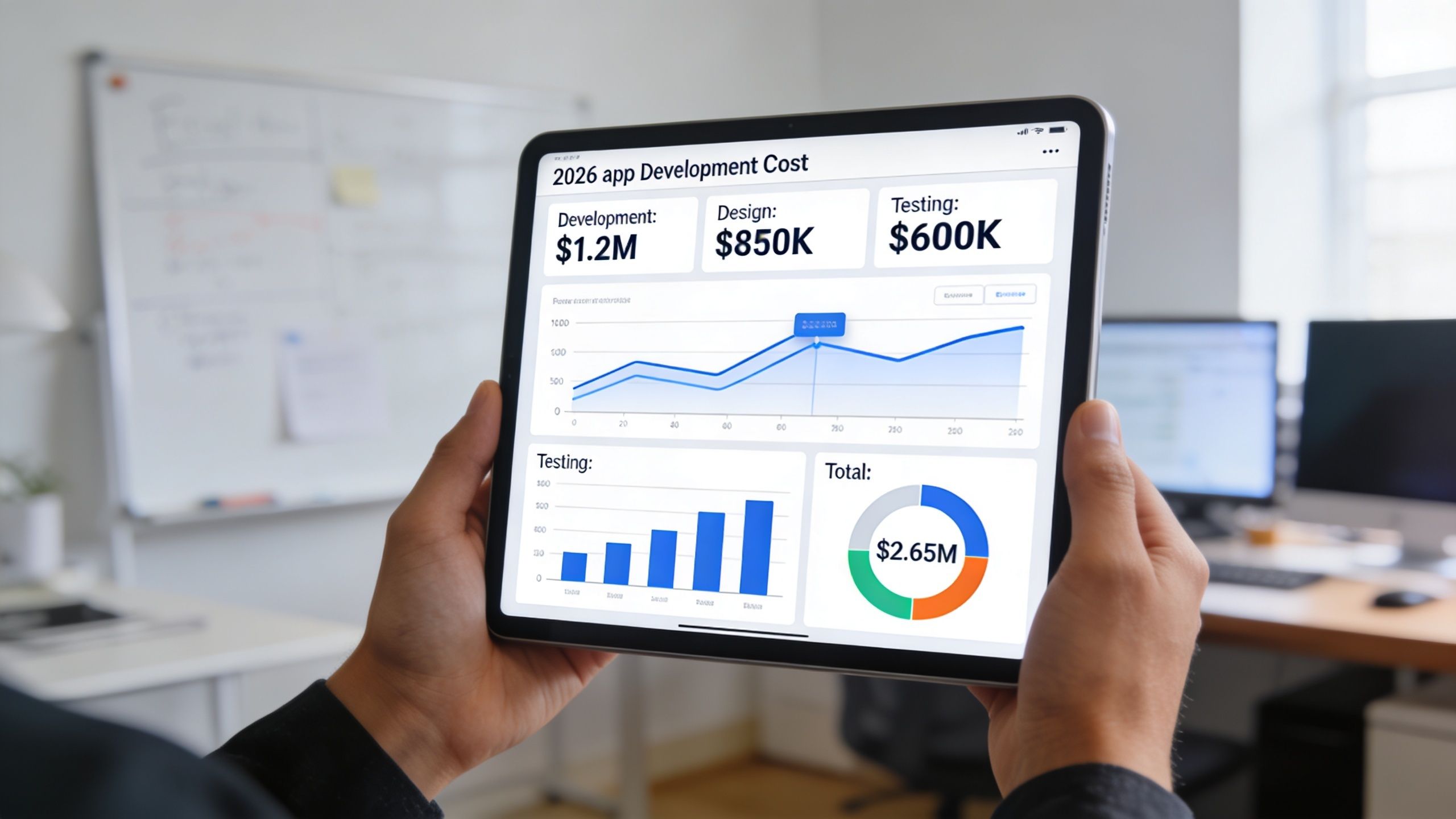 Ein Paar hält ein Tablet, das eine detaillierte Grafik über die Entwicklungskosten einer App im Jahr 2026 anzeigt.