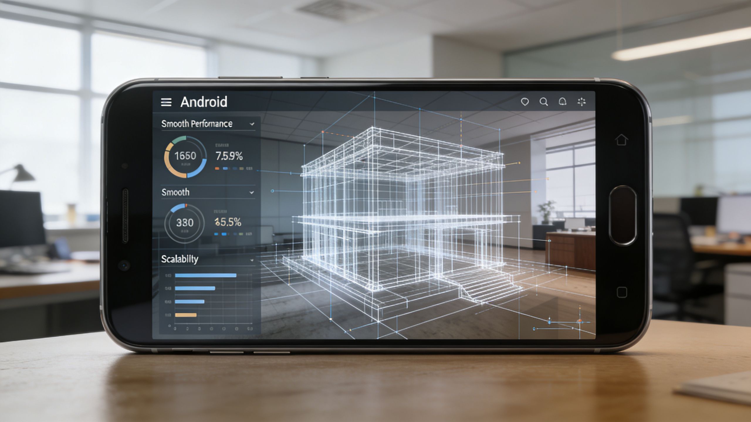 Ein Android Smartphone zeigt eine 3D Architekturmodellierung in einer Augmented Reality App auf einem Schreibtisch.