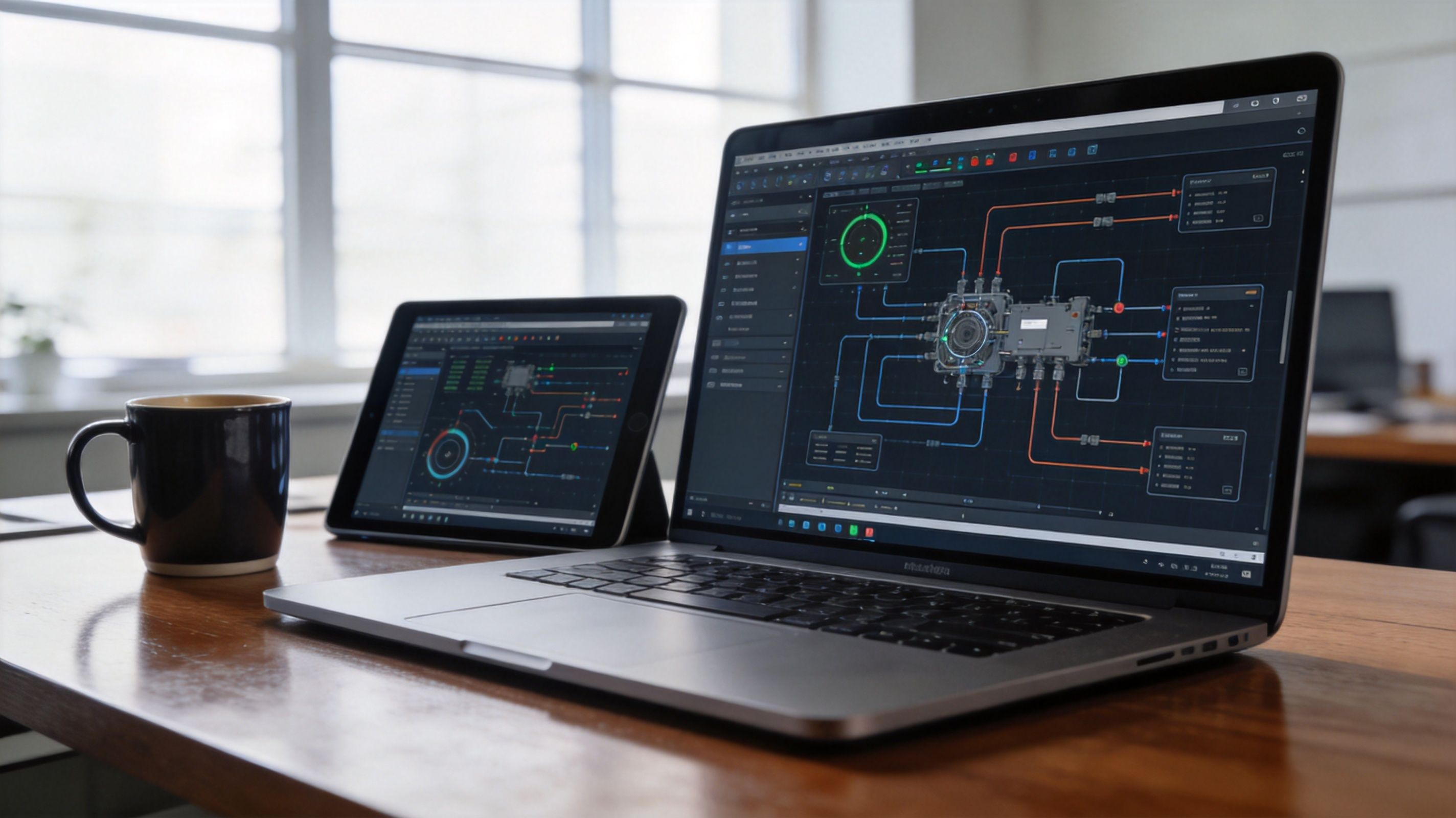 Ein Laptop und ein Tablet zeigen technische Diagramme und Systemüberwachungen auf einem hölzernen Schreibtisch neben einer Kaffeetasse.
