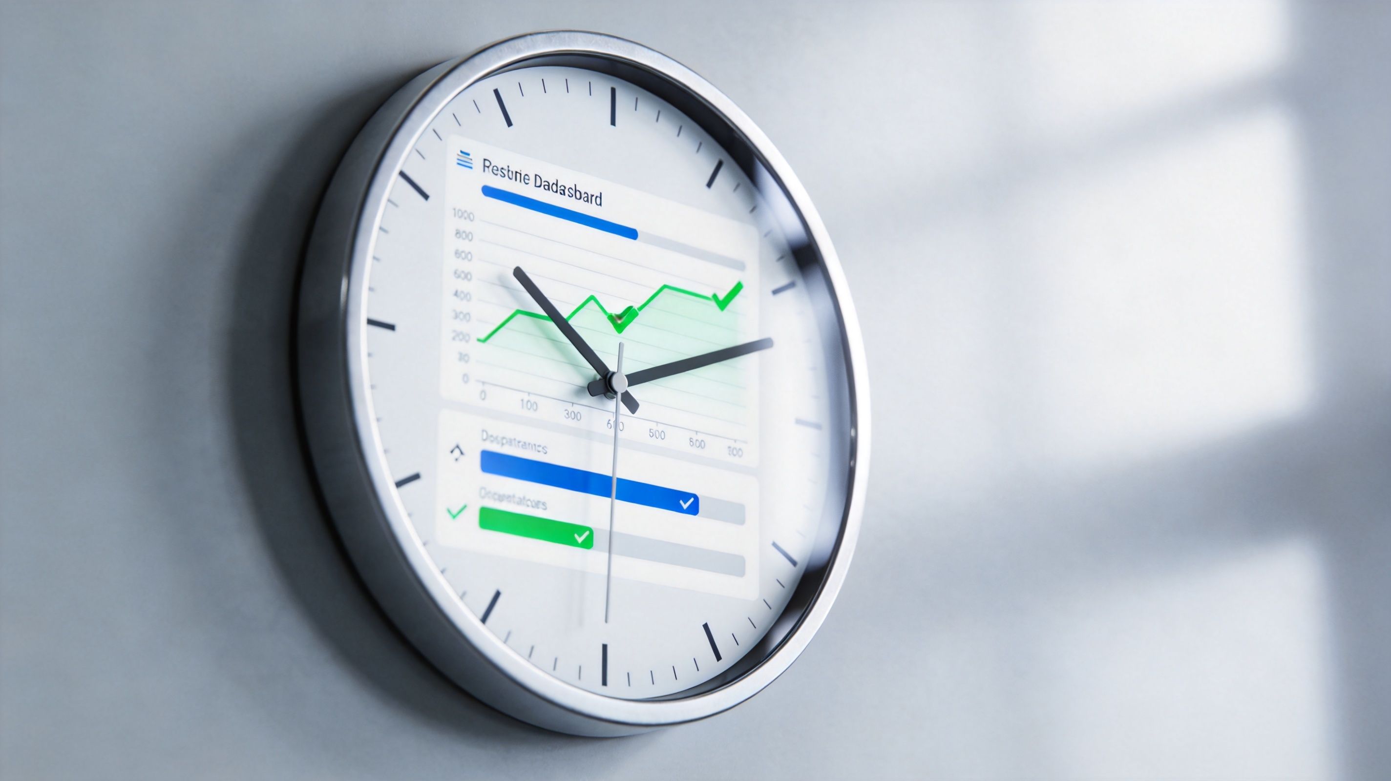 Eine Wanduhr mit einem integrierten Daten-Dashboard auf dem Zifferblatt, das ein grünes Liniendiagramm und Fortschrittsbalken anzeigt.