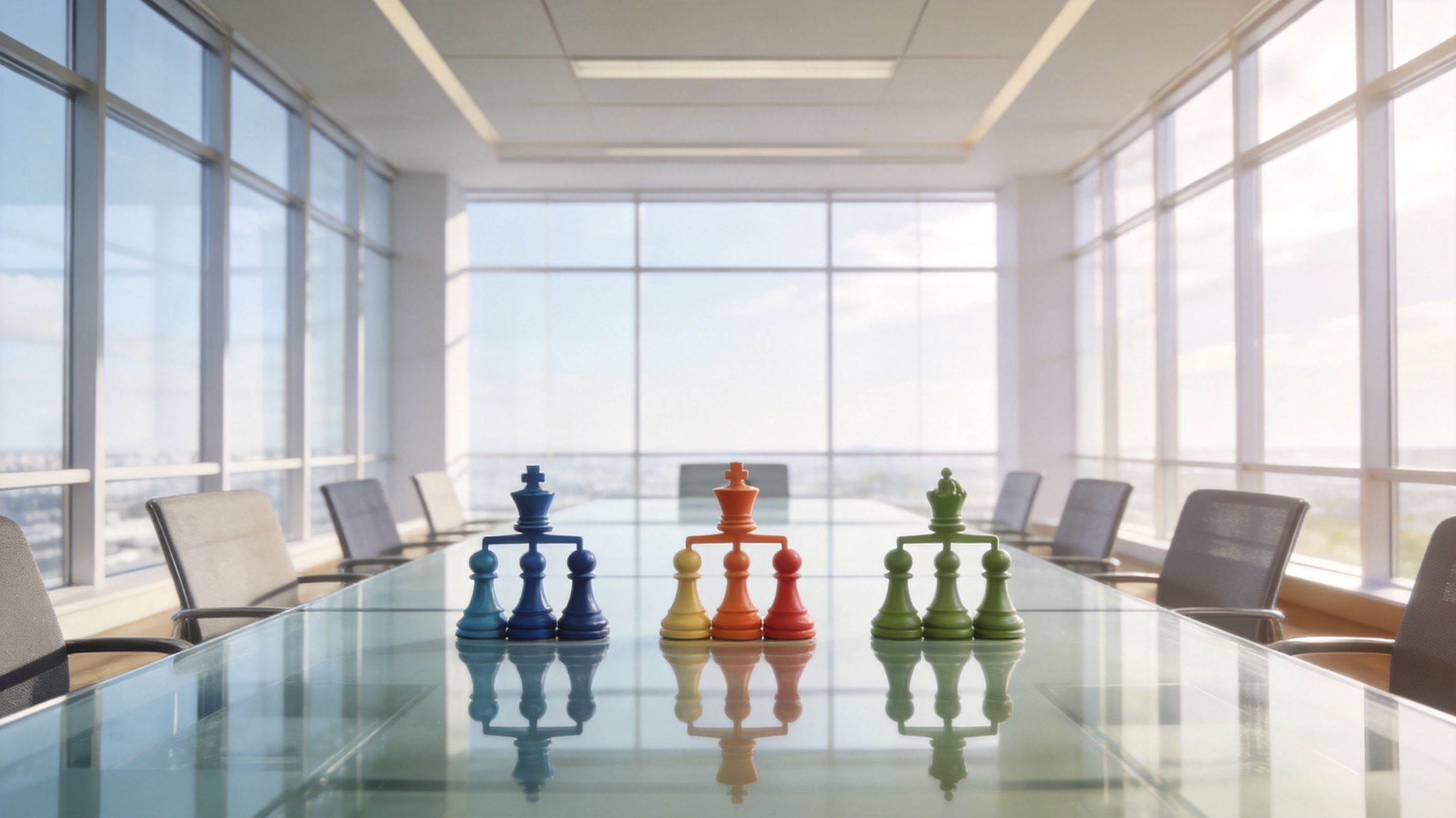 Drei Gruppen von Spielfiguren in hierarchischer Anordnung auf einem Konferenztisch in einem hellen Büro.