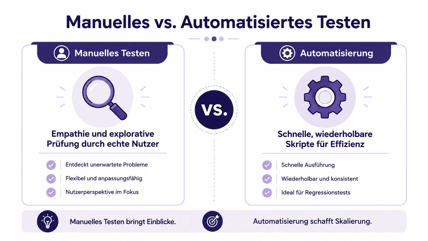 Vergleichsgrafik zwischen manuellem Software-Testen durch Nutzer und automatisierter Software-Testung durch Skripte für eine effiziente Qualitätssicherung.
