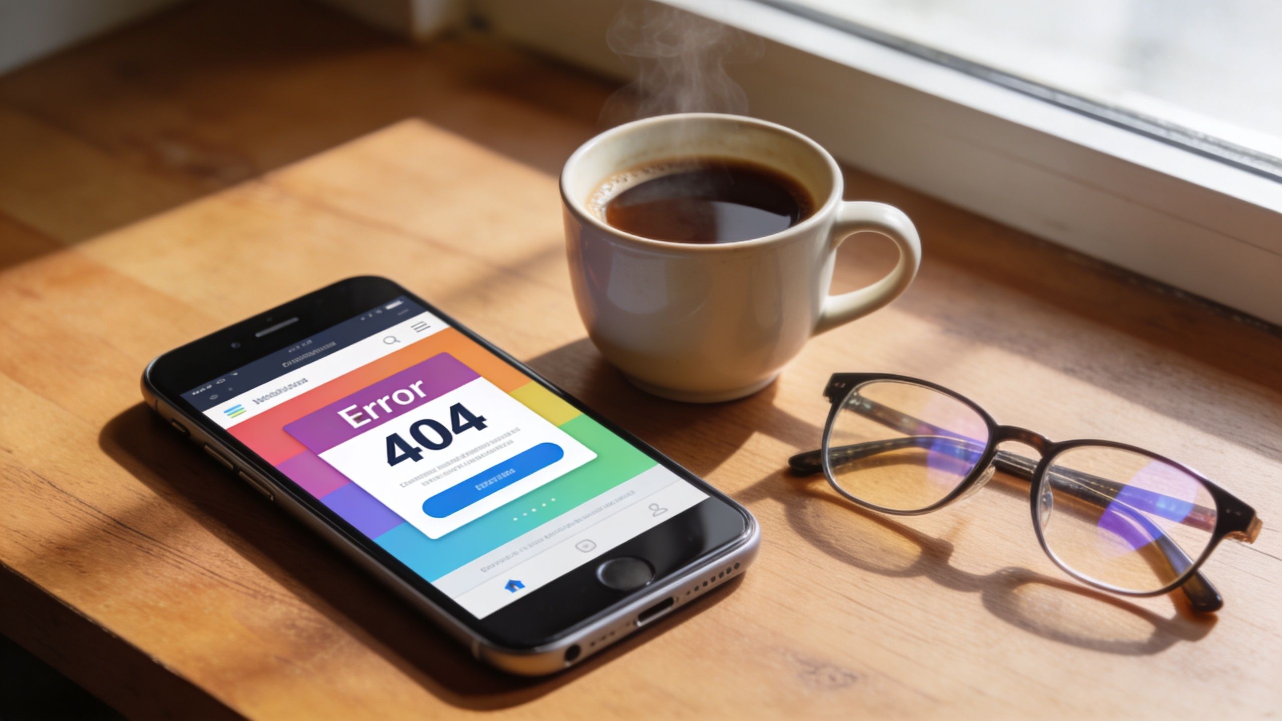 Ein Smartphone mit einer 404-Fehlermeldung, neben einer Tasse Kaffee und einer Brille auf einem Holztisch.