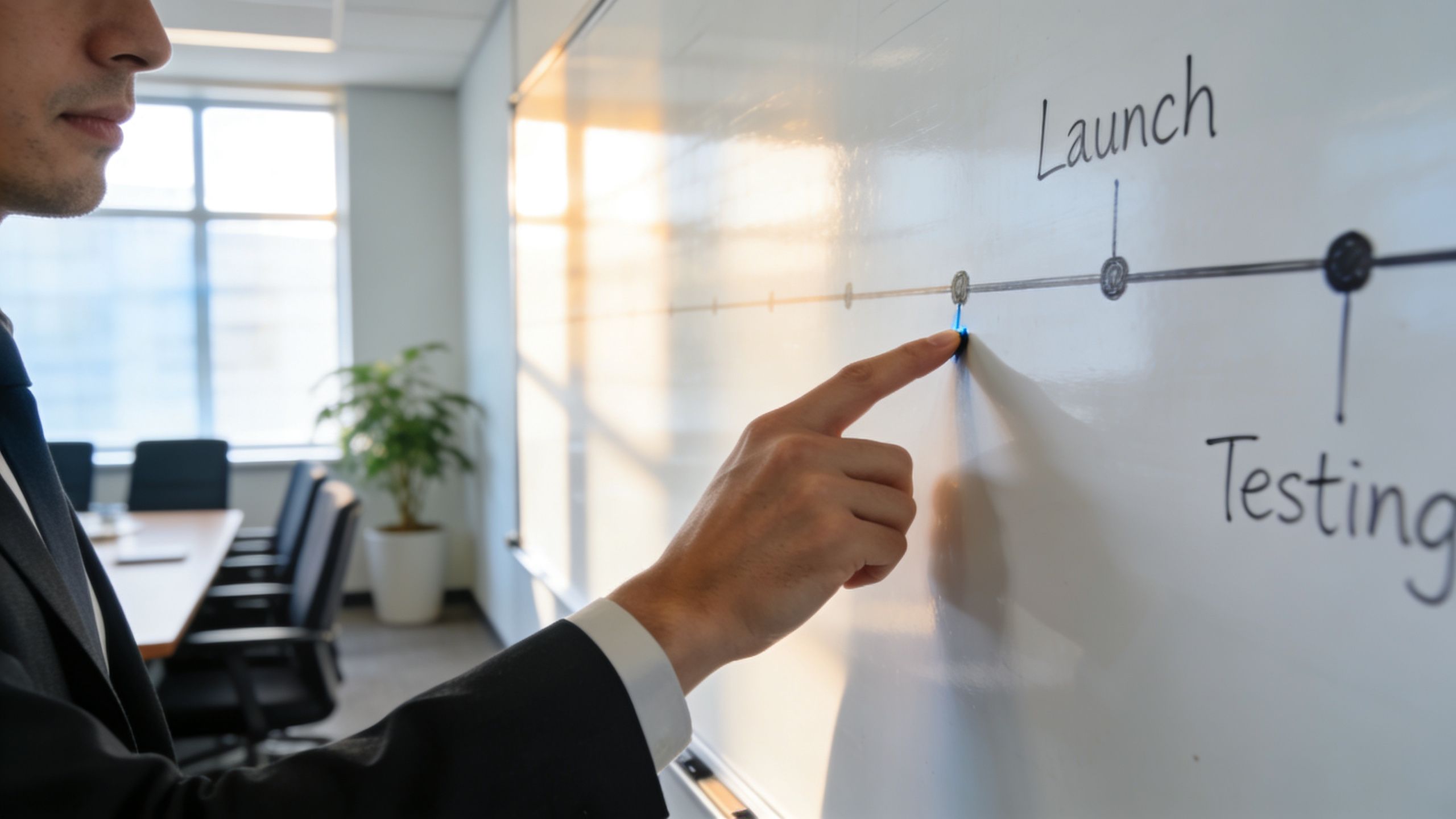 Ein Geschäftsmann erklärt die verschiedenen Phasen eines Projekts auf einem Whiteboard während einer geschäftlichen Besprechung im Büro.