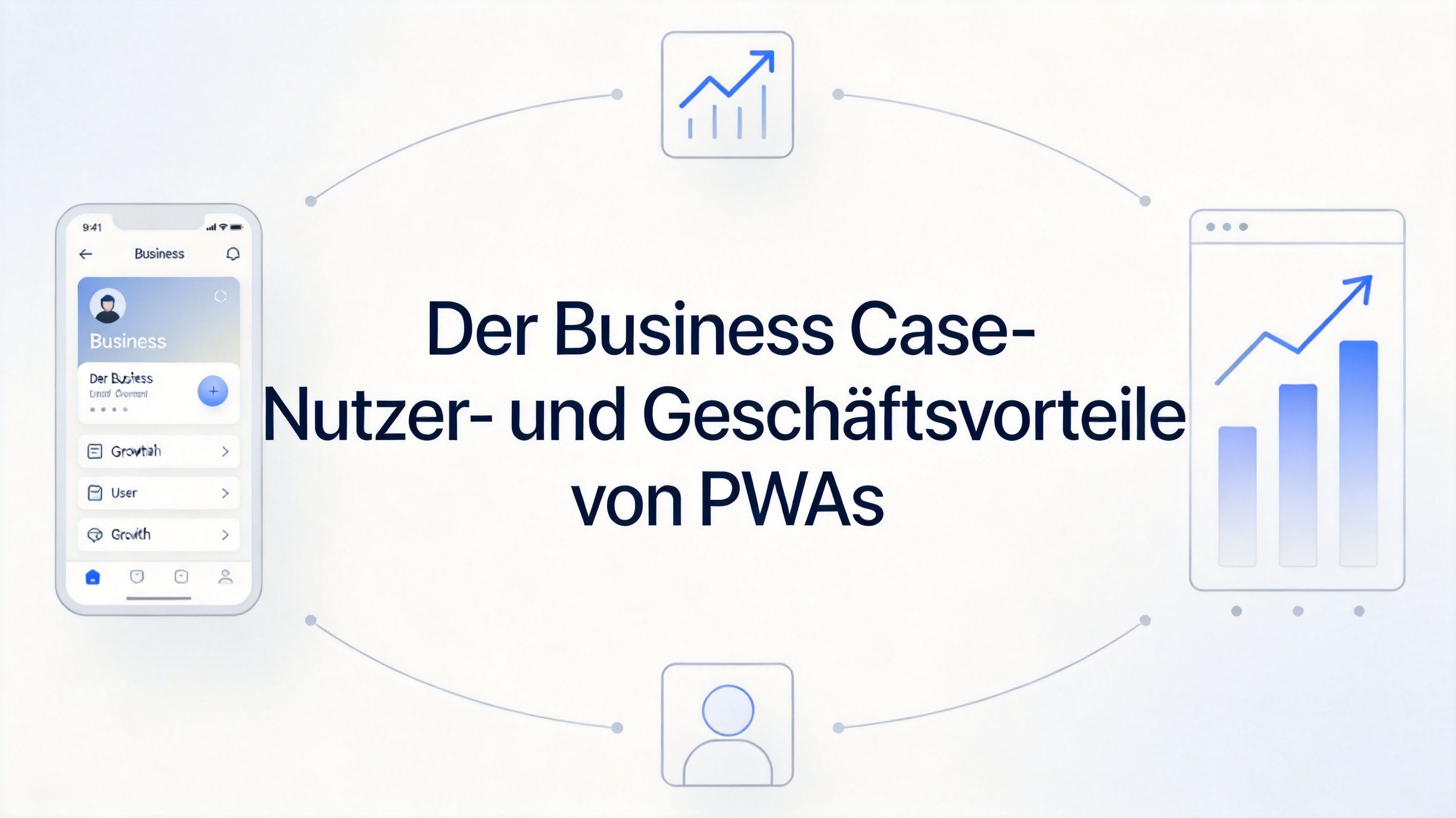 Eine Infografik mit dem Titel Der Business Case-Nutzer- und Geschäftsvorteile von PWAs, umgeben von UI-Elementen und Diagrammen.