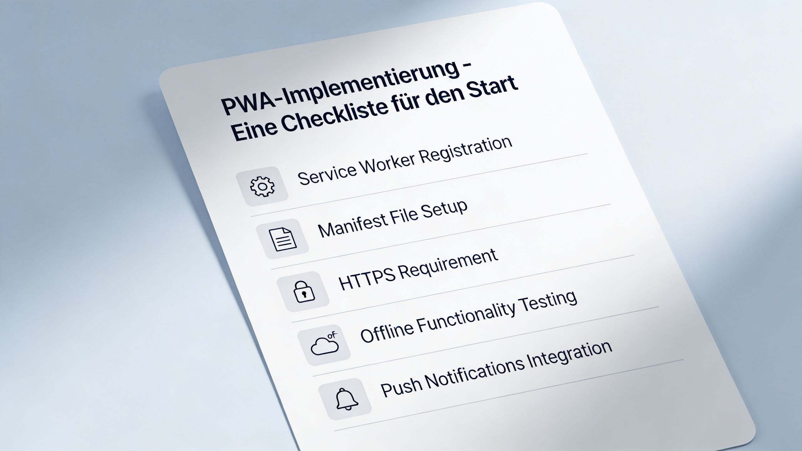 Eine Checkliste auf einem Dokument für die Implementierung einer Progressive Web App mit fünf wichtigen Schritten.