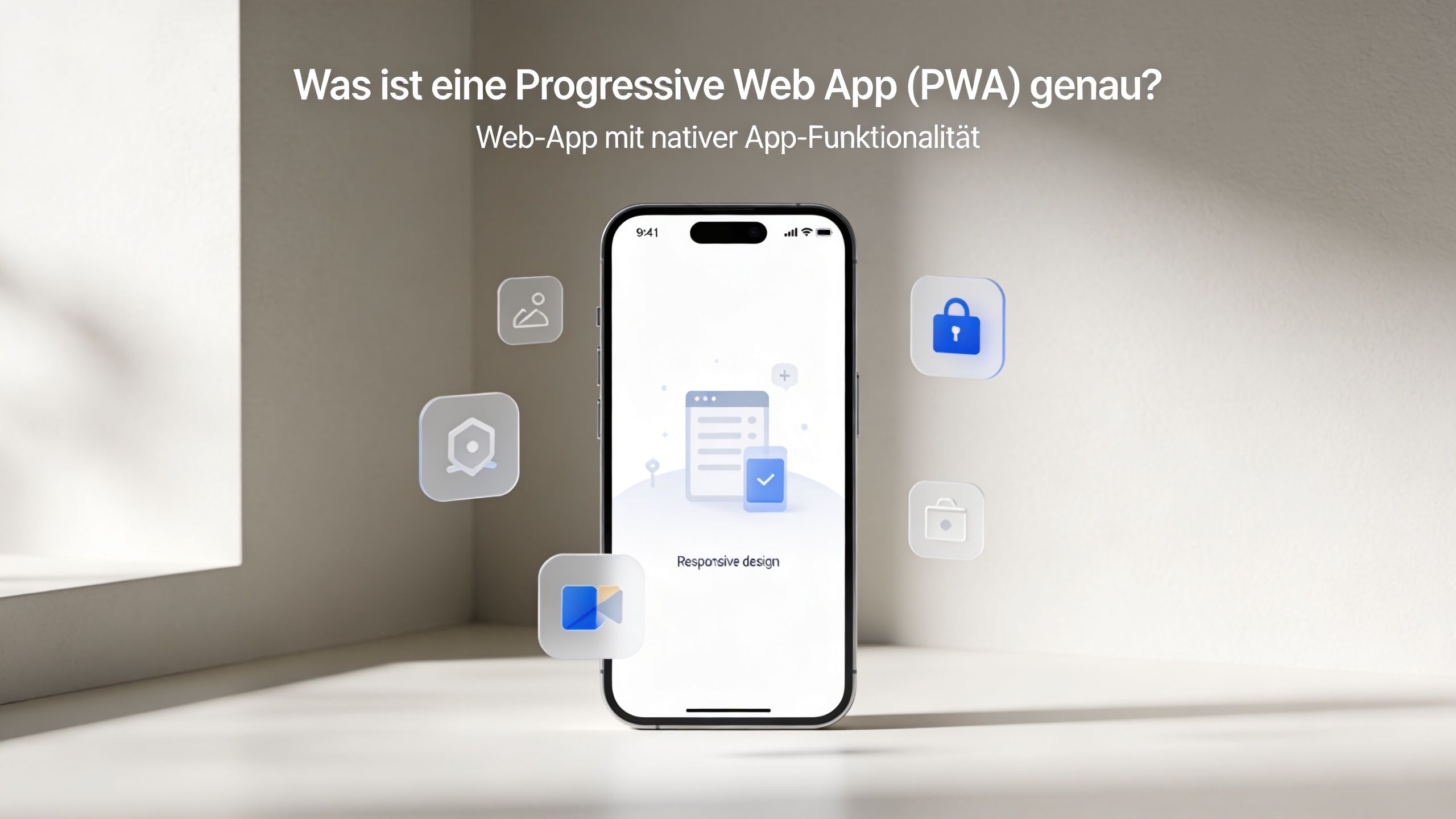 Ein Smartphone zeigt das Konzept einer Progressive Web App mit responsivem Design und funktionalen App-Symbolen.