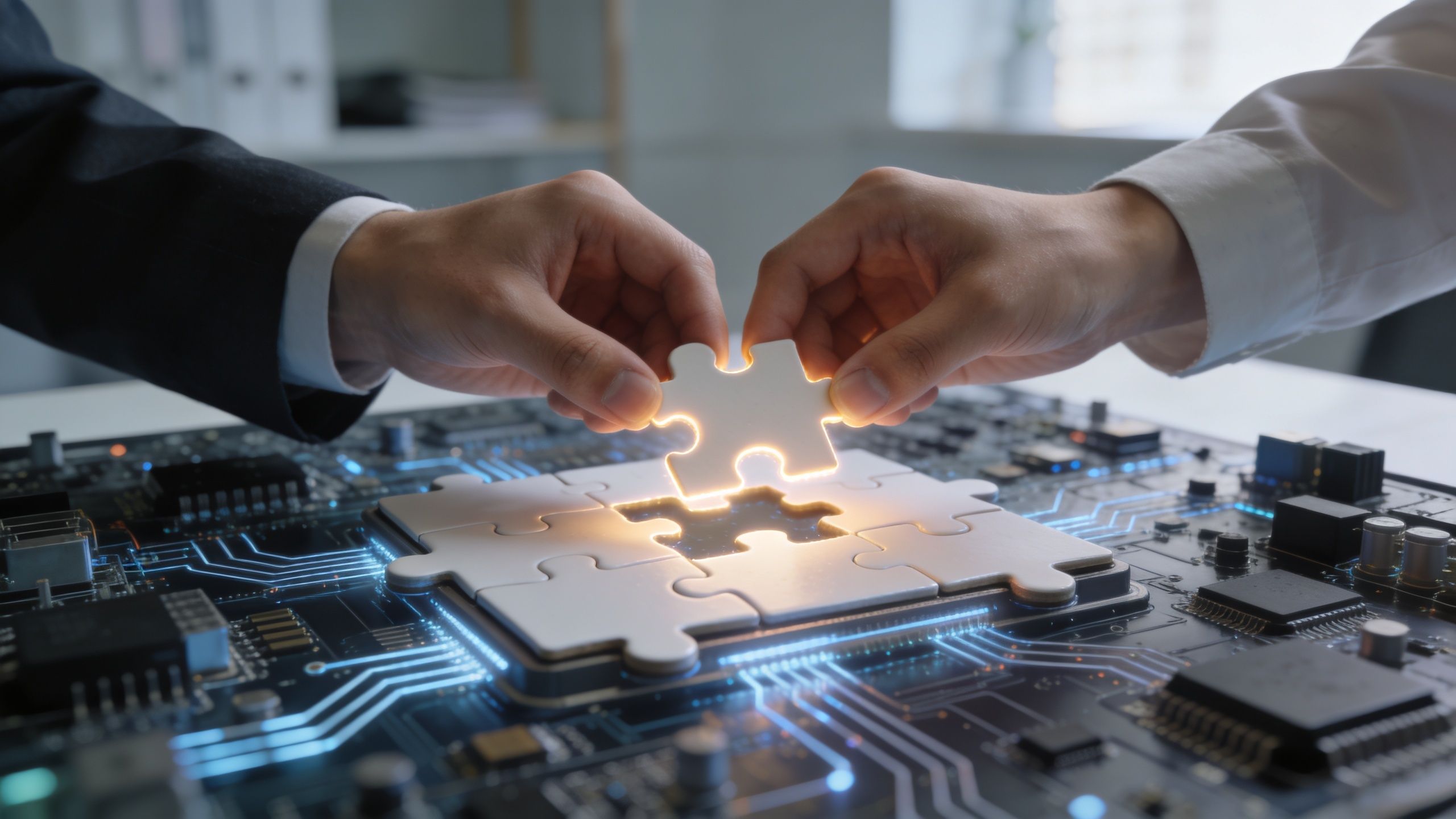 Zwei Geschäftsleute setzen gemeinsam ein leuchtendes Puzzleteil in eine komplexe Leiterplatte ein, um IT-Lösungen zu symbolisieren.