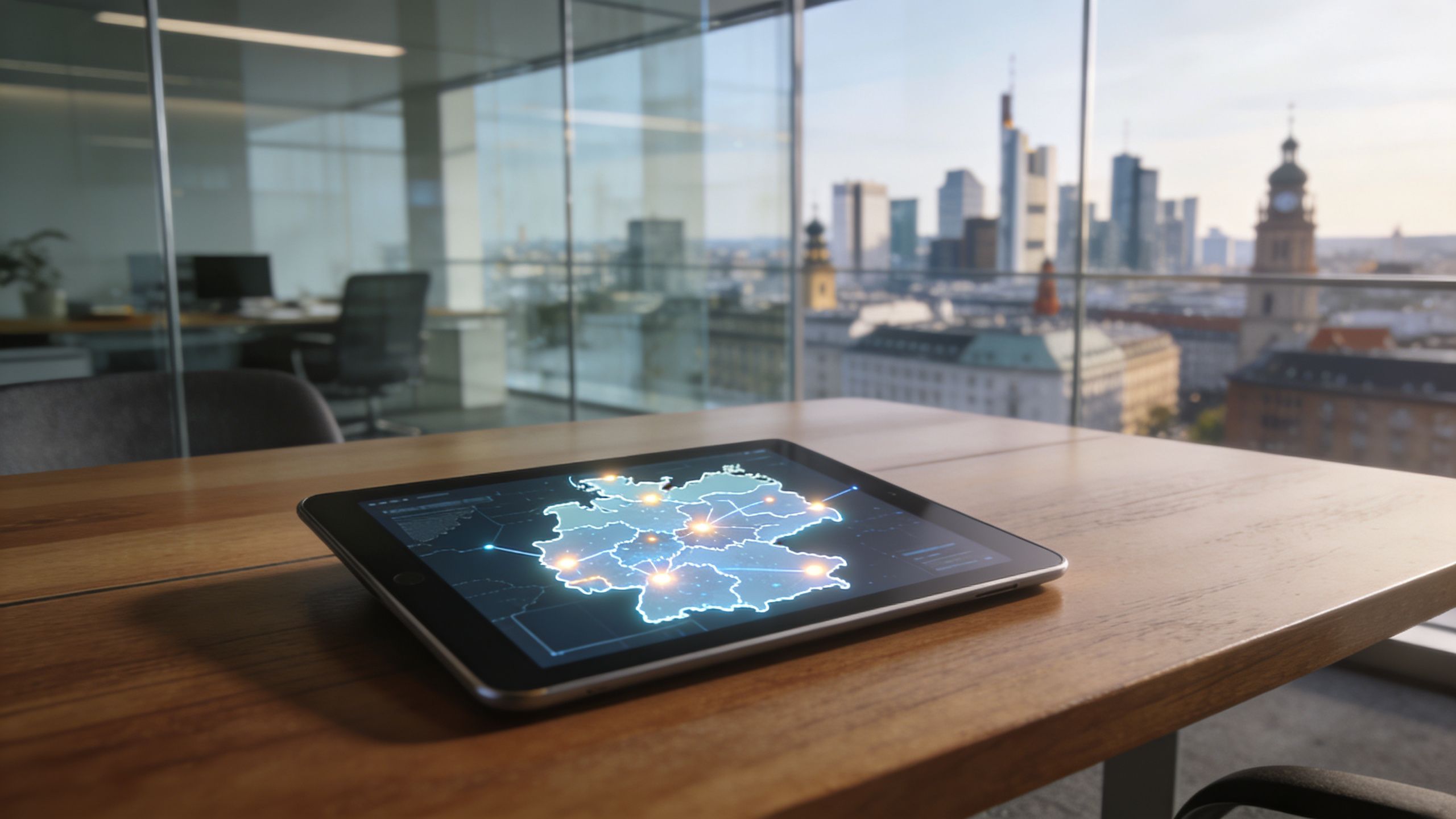 Ein Tablet mit einer digitalen Deutschlandkarte auf einem Bürotisch vor einer Skyline im Sonnenuntergang.