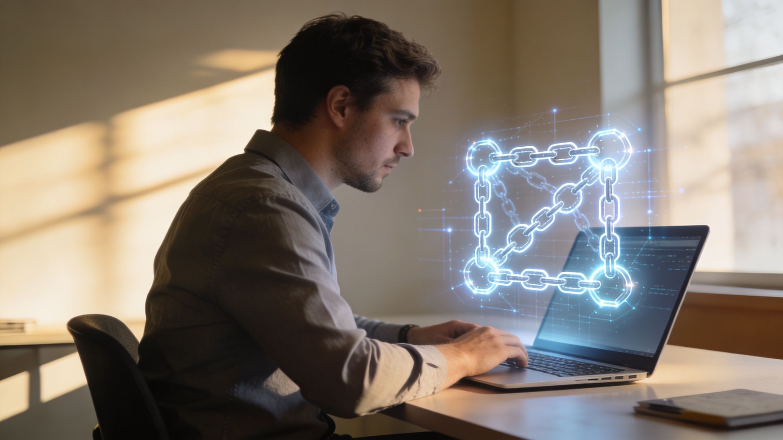 Ein männlicher Softwareentwickler sitzt vor seinem Laptop und arbeitet an einer digitalen Blockchain-Visualisierung im Büro.