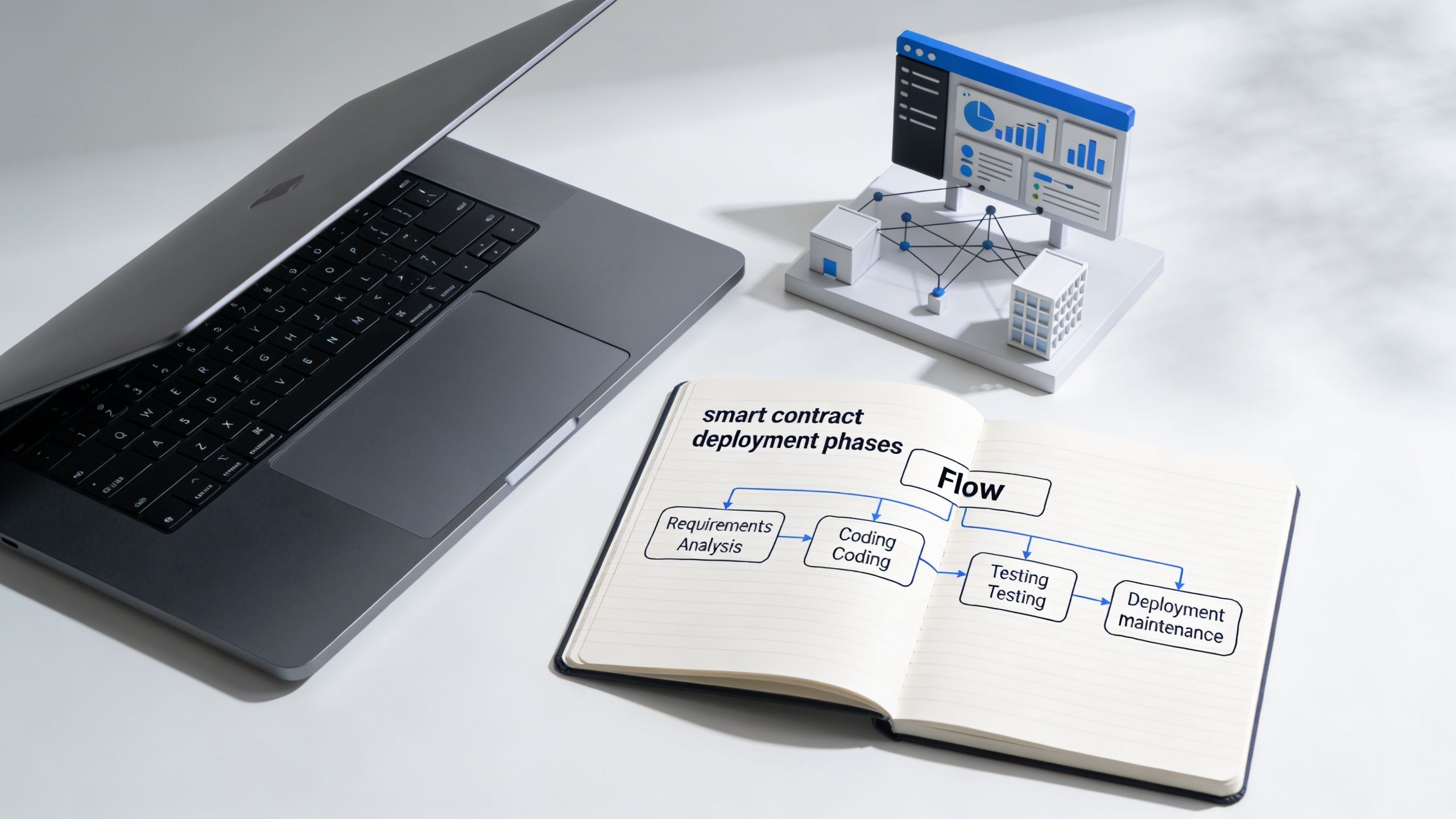 Ein Laptop und ein Notizbuch mit einem Diagramm über die Phasen der Smart-Contract-Entwicklung auf einem Schreibtisch.