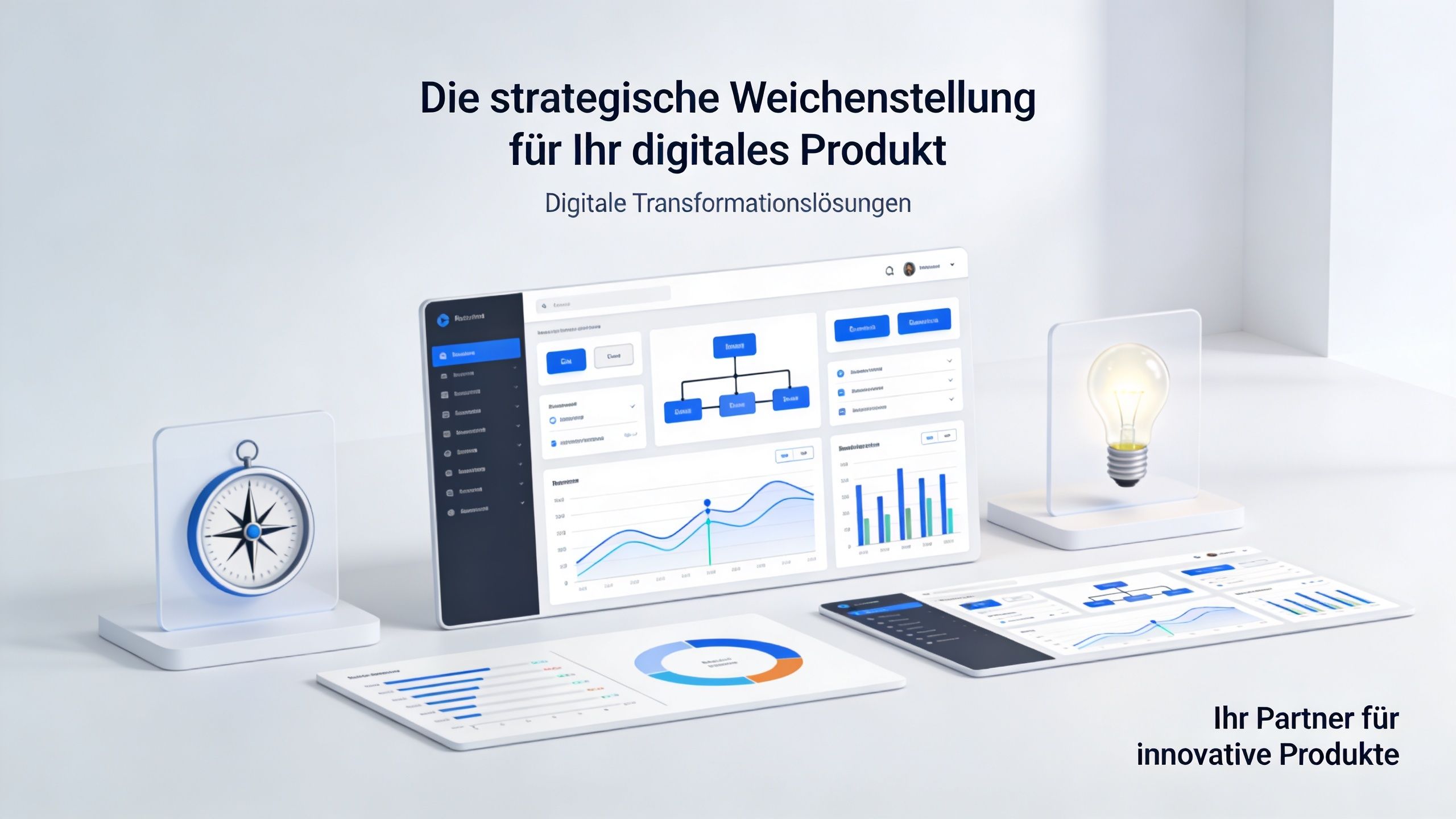 Ein Schreibtisch mit digitalen Dashboards, Kompass und Glühbirne als Symbol für strategische digitale Produktentwicklung und Transformation.