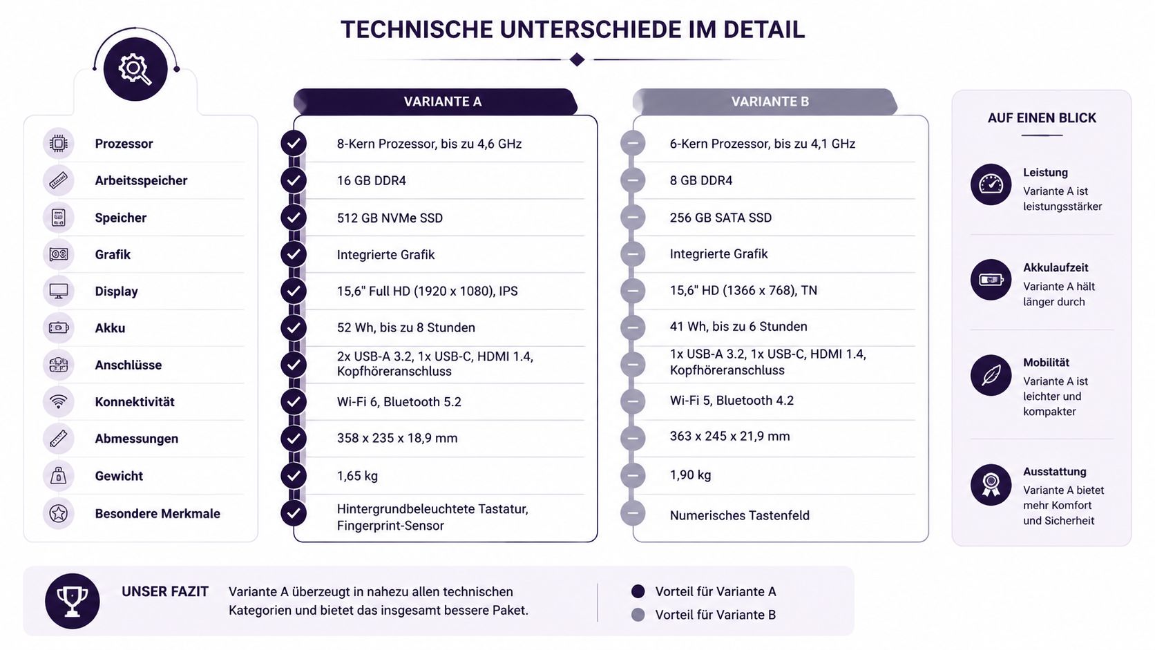 Vergleichstabelle zwischen Laptop-Variante A und Variante B mit technischen Spezifikationen und einer abschließenden Zusammenfassung.