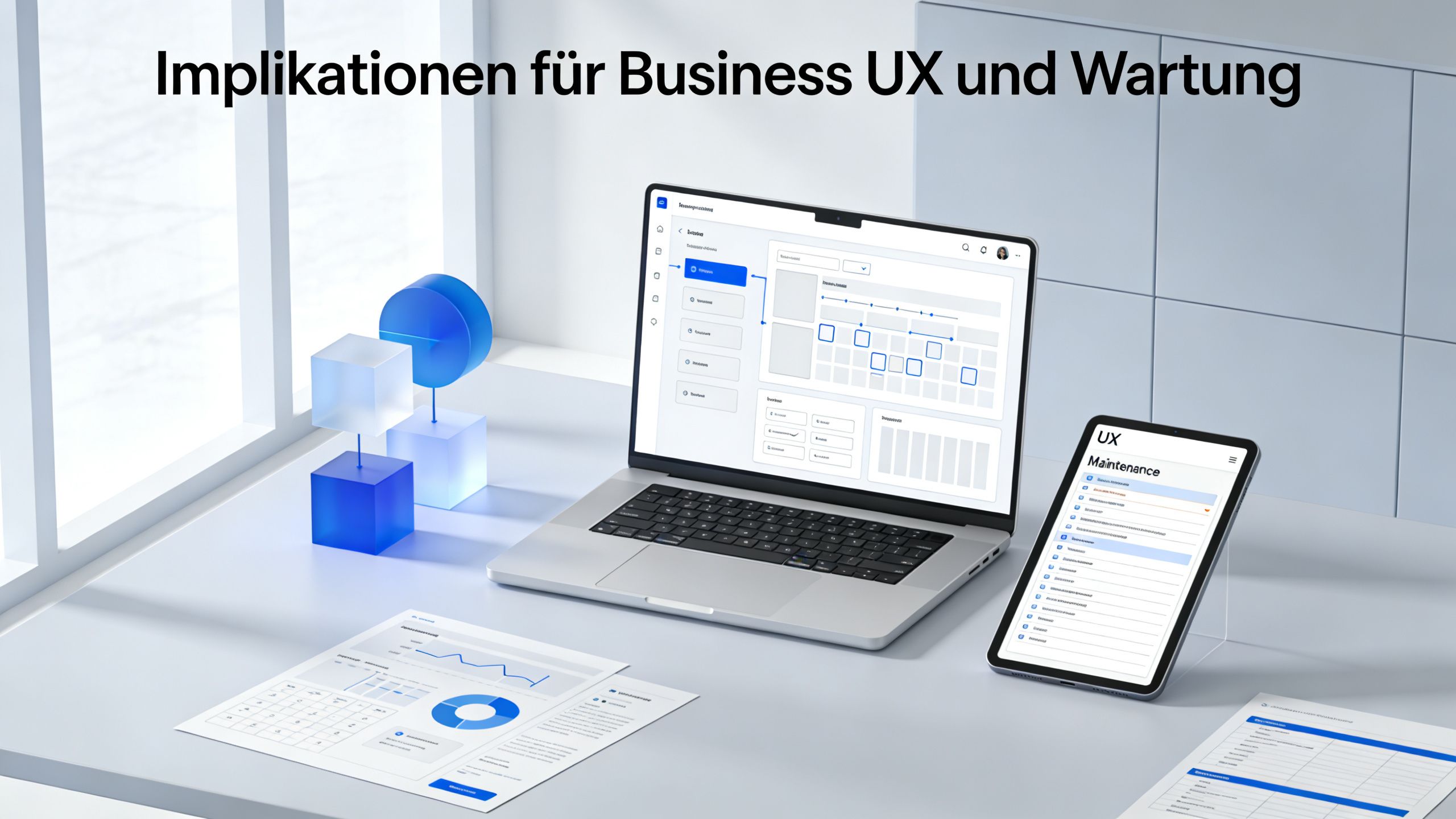 Ein Arbeitsplatz mit Laptop, Tablet und Dokumenten zeigt Analyse-Dashboards für Business UX und Software-Wartung in einer Büroumgebung.