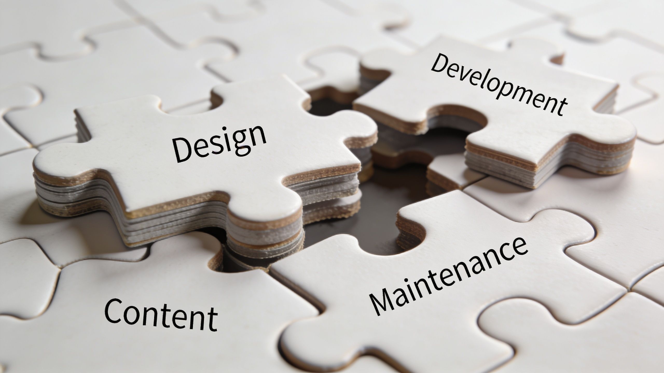 Puzzleteile mit den Worten Design, Development, Content und Maintenance, die den Prozess der Homepage-Erstellung symbolisieren.