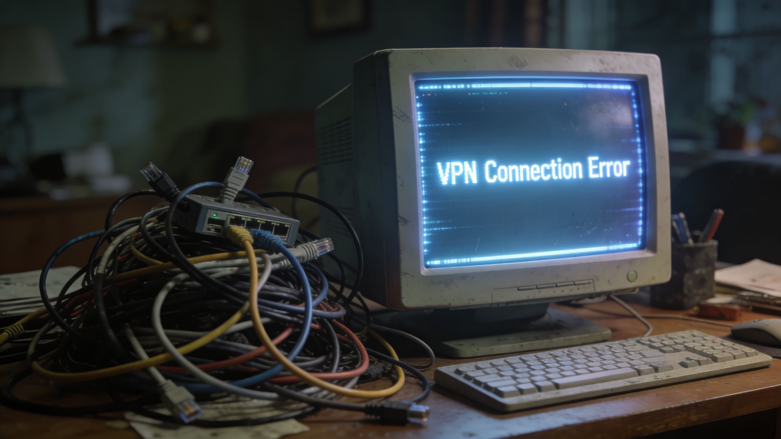 Ein alter Röhrenmonitor mit der Fehlermeldung VPN Connection Error und einem chaotischen Haufen aus Netzwerkkabeln auf dem Schreibtisch.