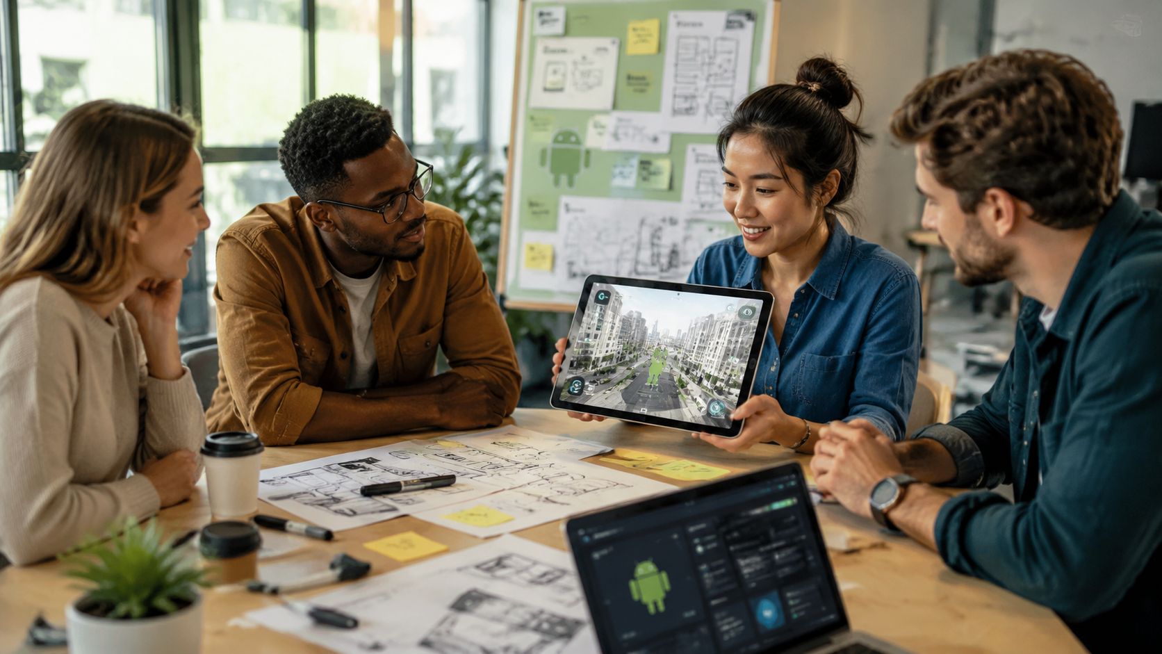 Ein diverses Team von Entwicklern arbeitet in einem Büro gemeinsam an einer neuen Android AR-Anwendung auf einem Tablet.