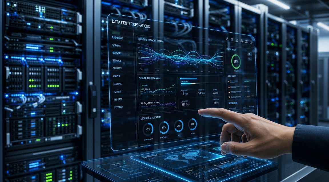 Eine Hand bedient eine holografische Benutzeroberfläche in einem modernen Rechenzentrum zur Überwachung von IT-Systemen und Netzwerken.