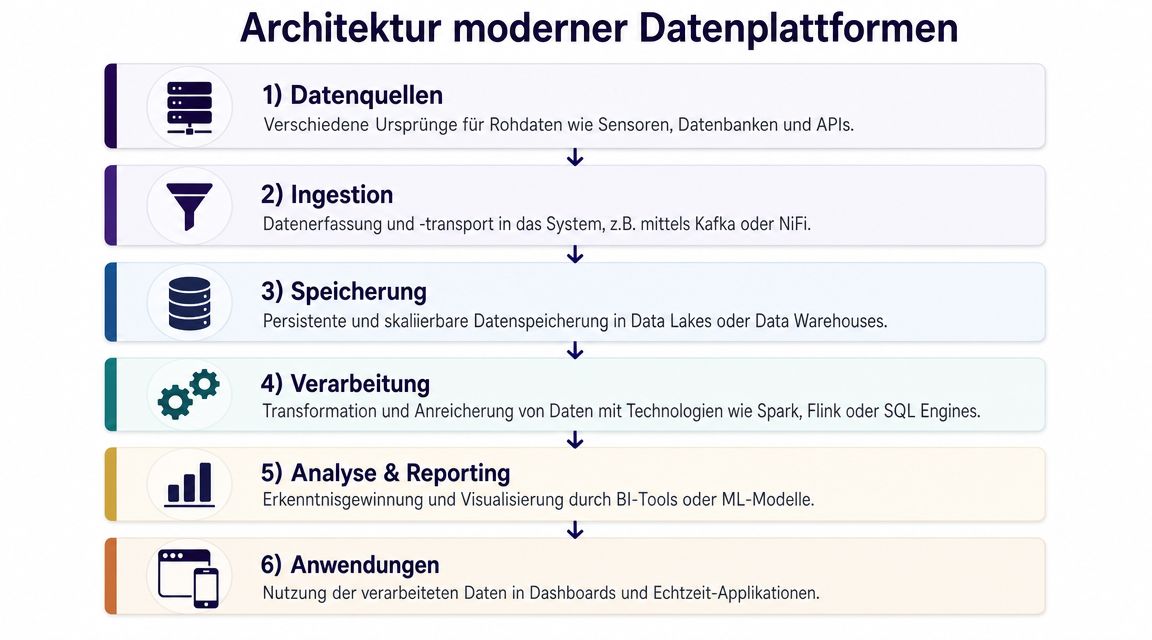 Grafik zur Architektur moderner Datenplattformen mit sechs Schritten von der Datenerfassung bis zur Anwendungsnutzung im Unternehmen.
