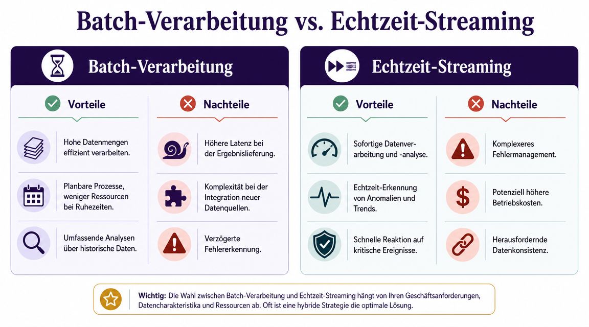 Vergleichsgrafik zwischen Batch-Verarbeitung und Echtzeit-Streaming mit einer Auflistung der jeweiligen Vorteile und Nachteile.